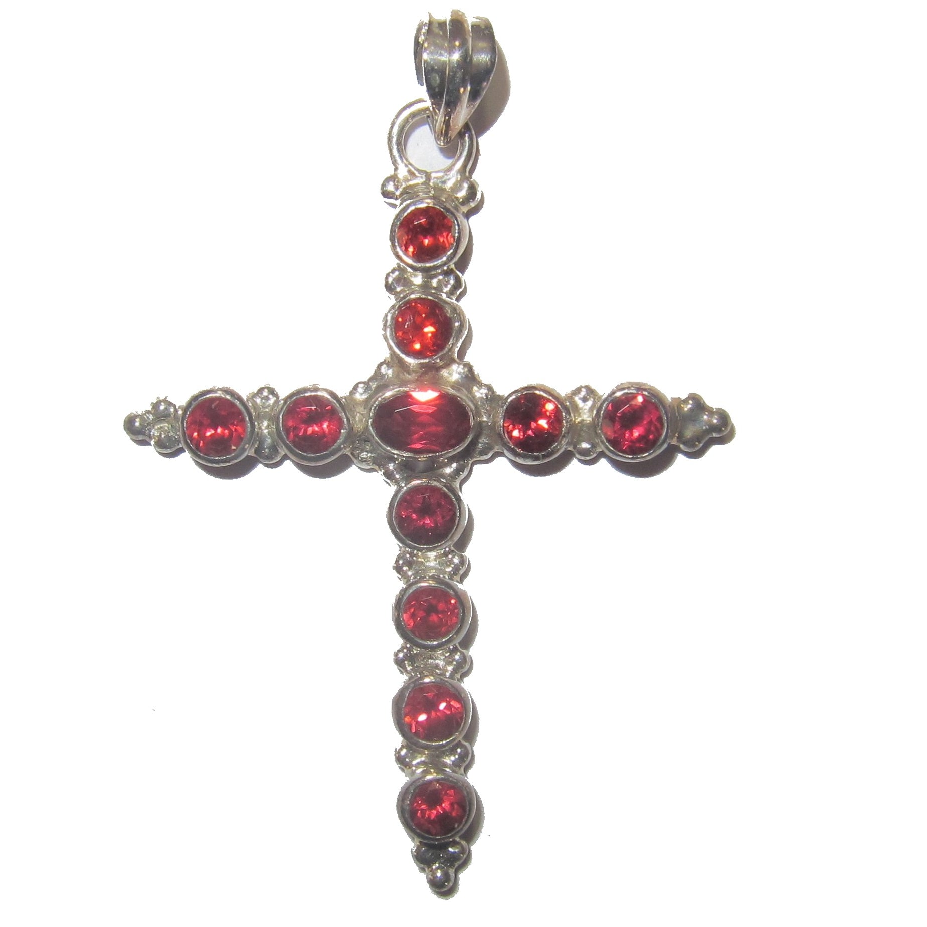 Granat-Anhänger, Heiliges Kreuz, Schutz, rote Edelsteine, Sterlingsilber
