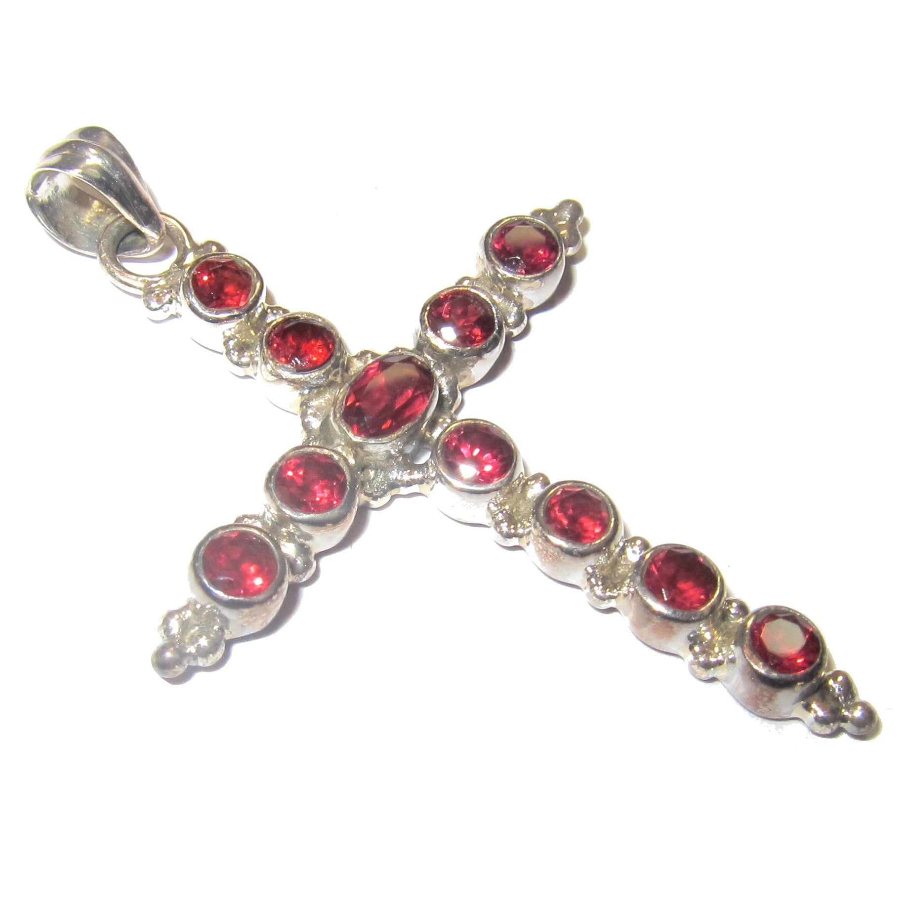 Granat-Anhänger, Heiliges Kreuz, Schutz, rote Edelsteine, Sterlingsilber