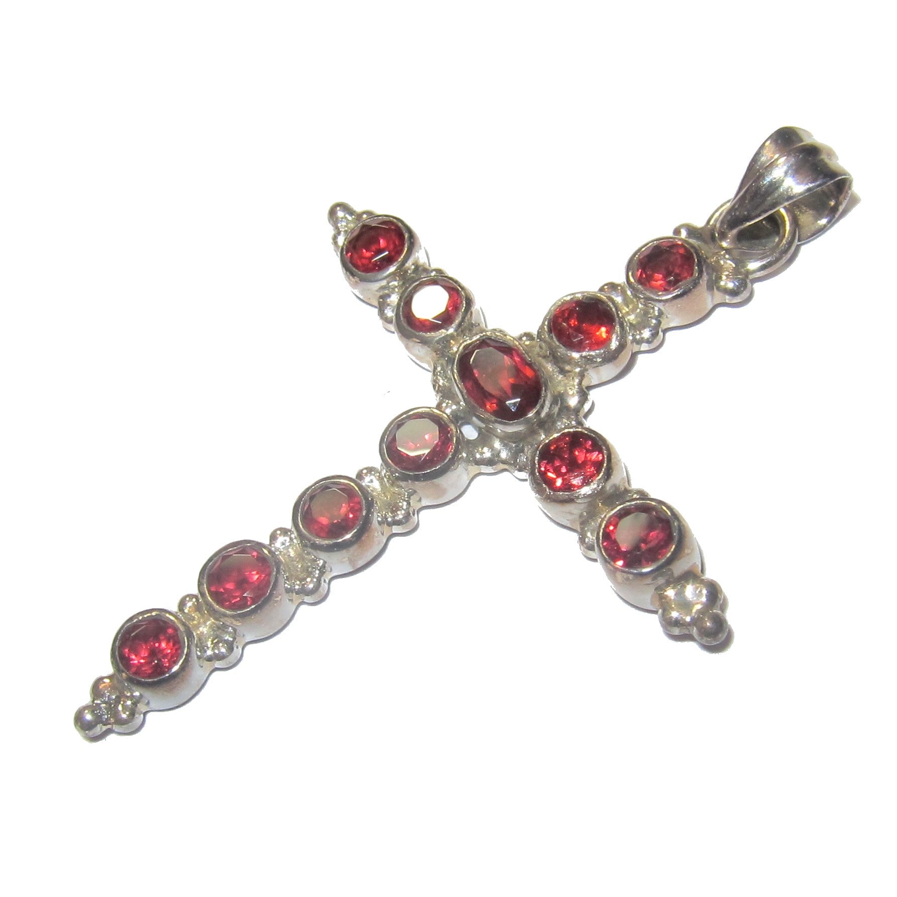 Granat-Anhänger, Heiliges Kreuz, Schutz, rote Edelsteine, Sterlingsilber