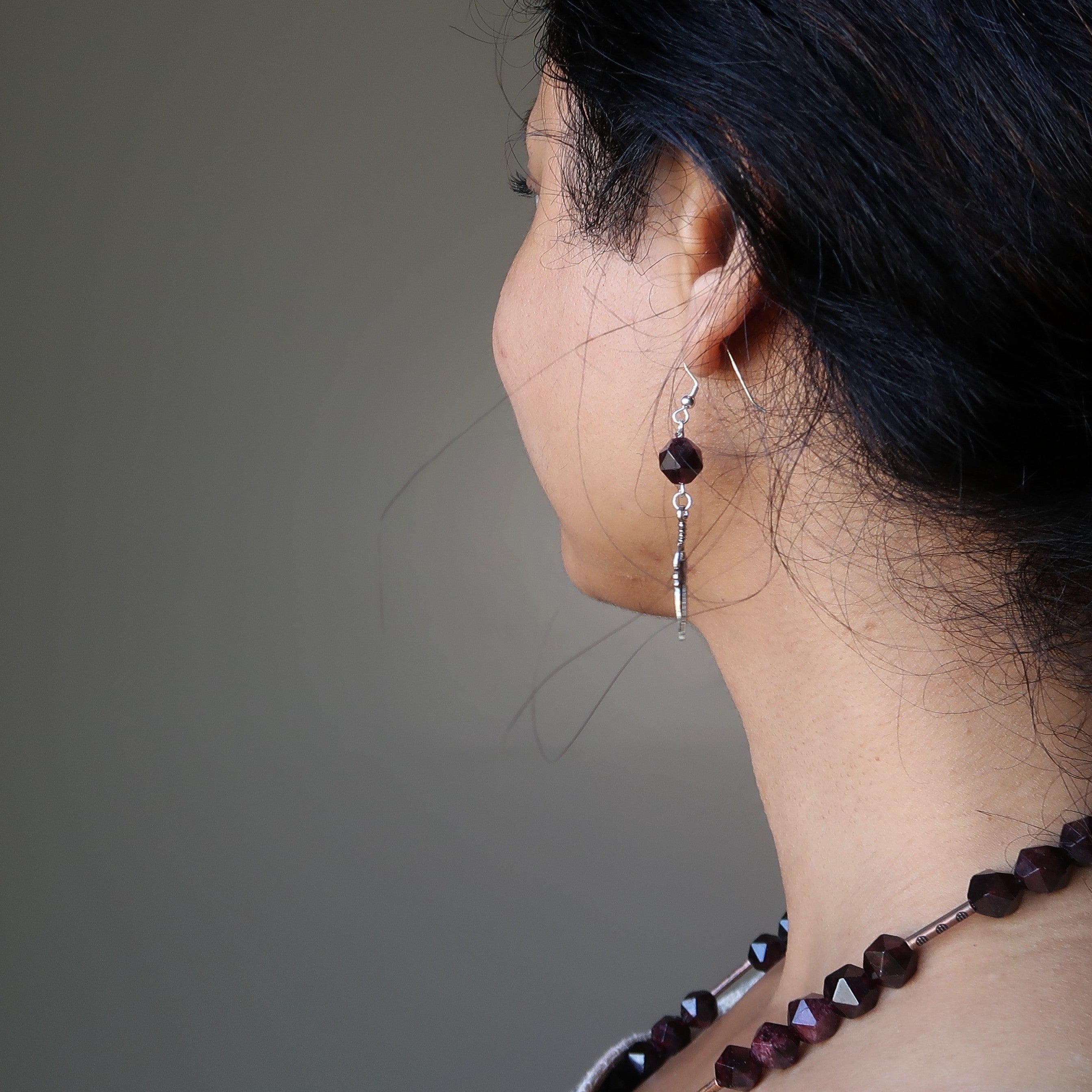 Garnet Earrings Flying Feather High Vibe Sterling Silver