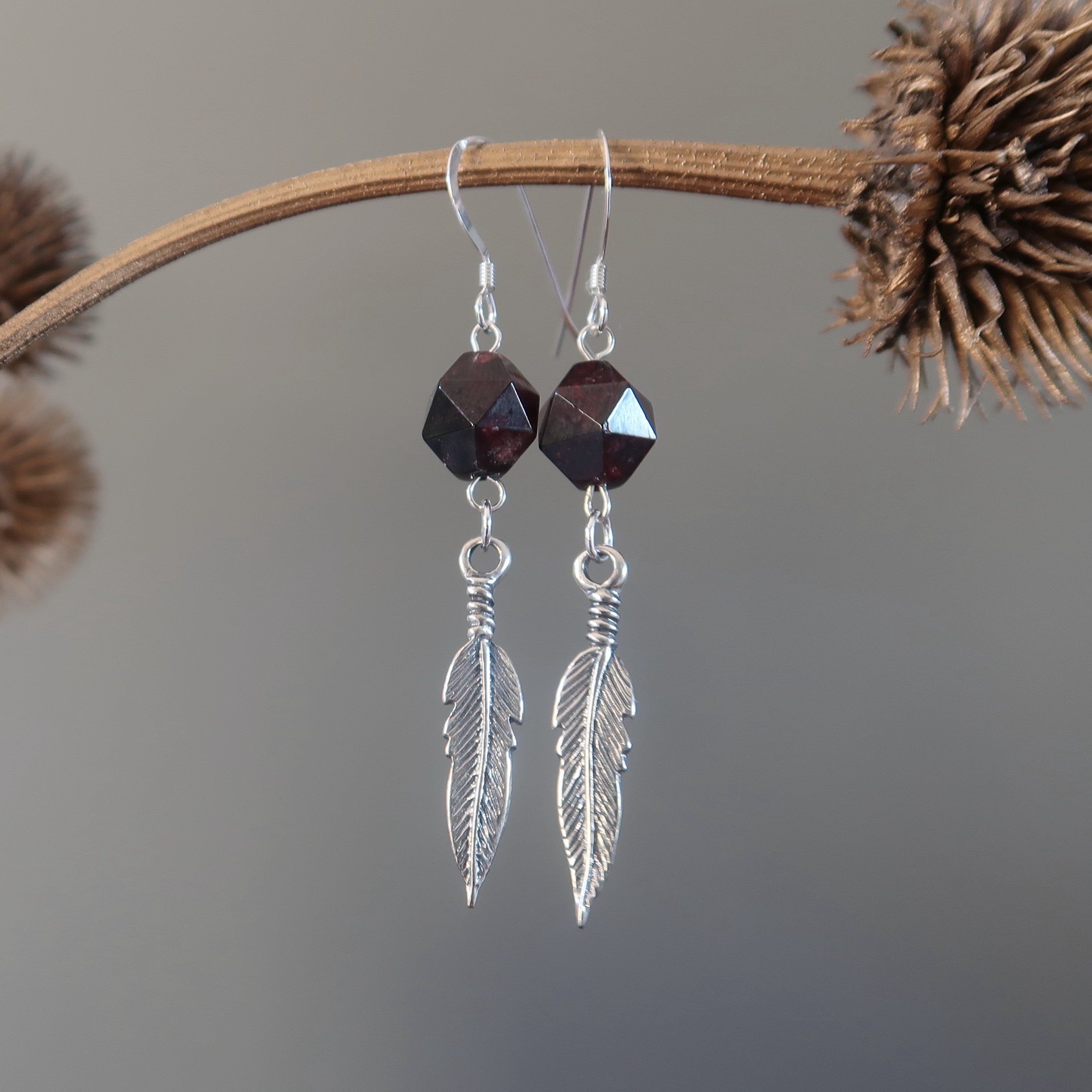 Garnet Earrings Flying Feather High Vibe Sterling Silver