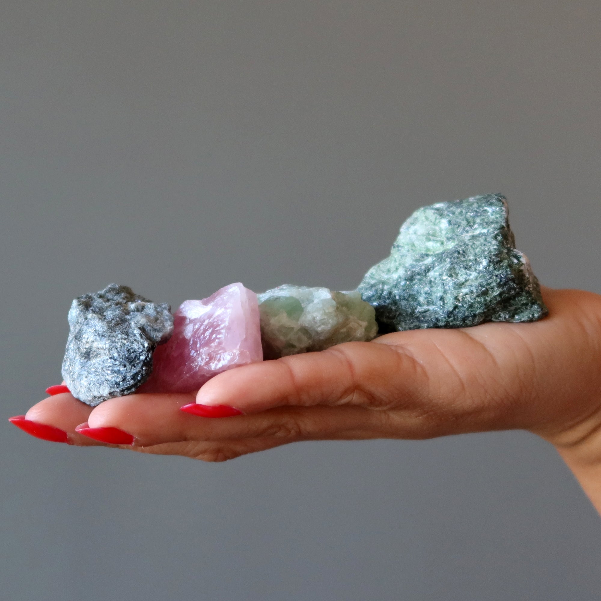 Heart Chakra Raw Crystal Set Diopside Rose Quartz Calcite Emerald