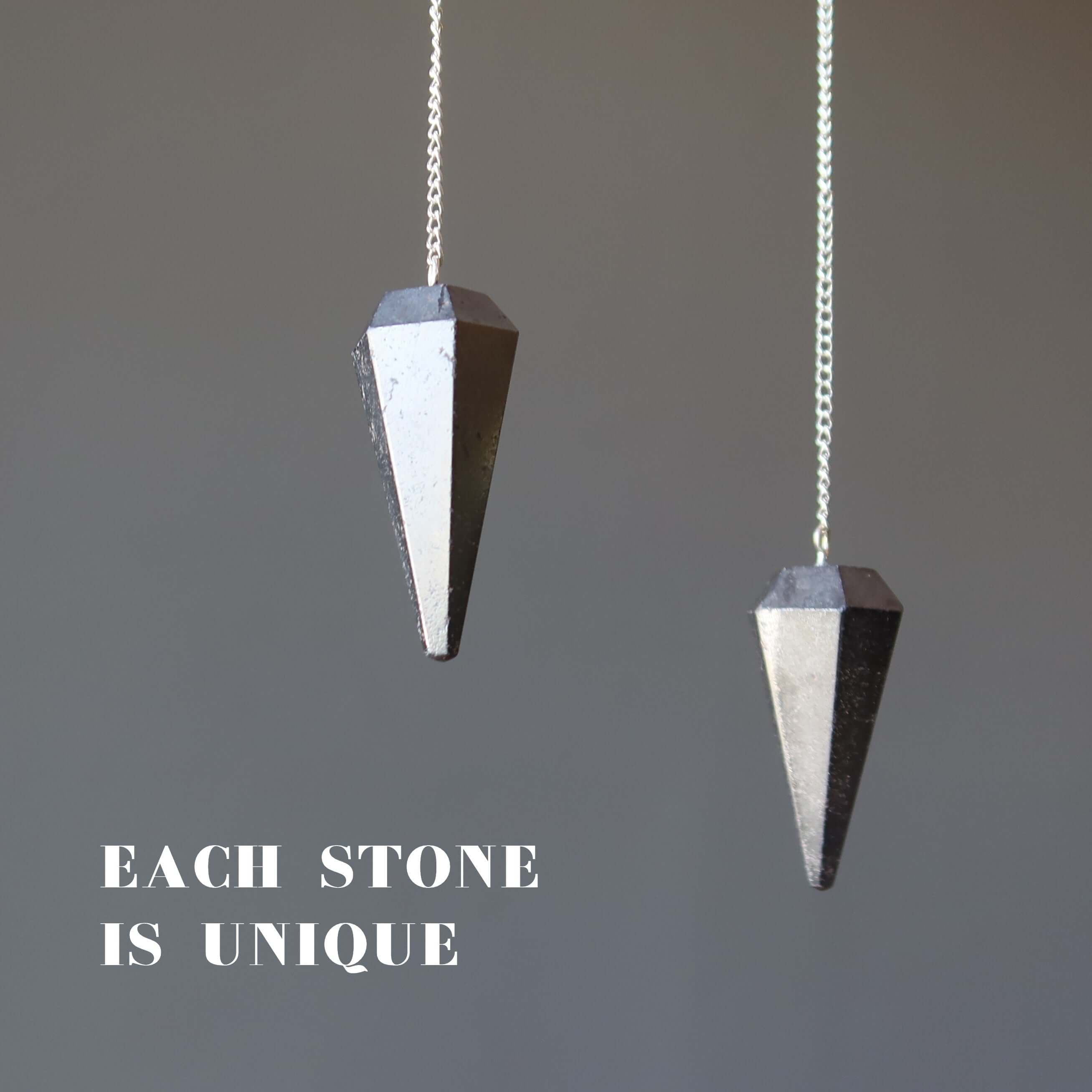 Hematite Pendulum Open Mind Dowsing Stone of Truth showing two unique faceted hematite crystal pendulums on silver chains
