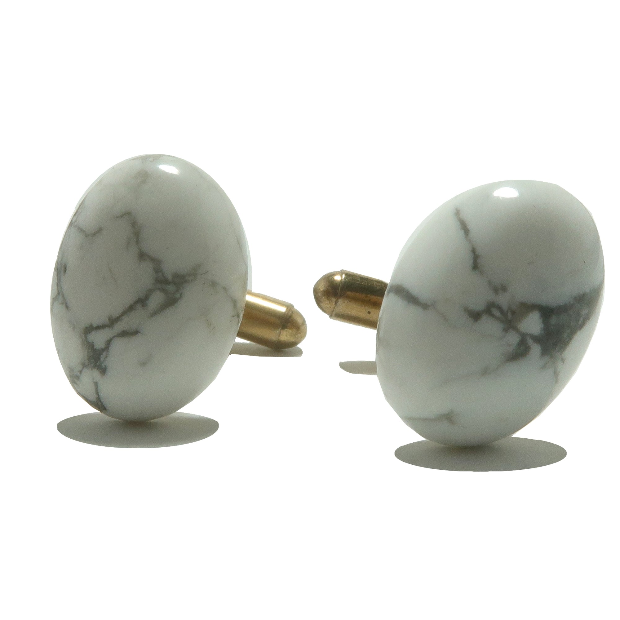 Boutons de manchette Howlite – Inspiration saine – Pierres ovales blanches sur or