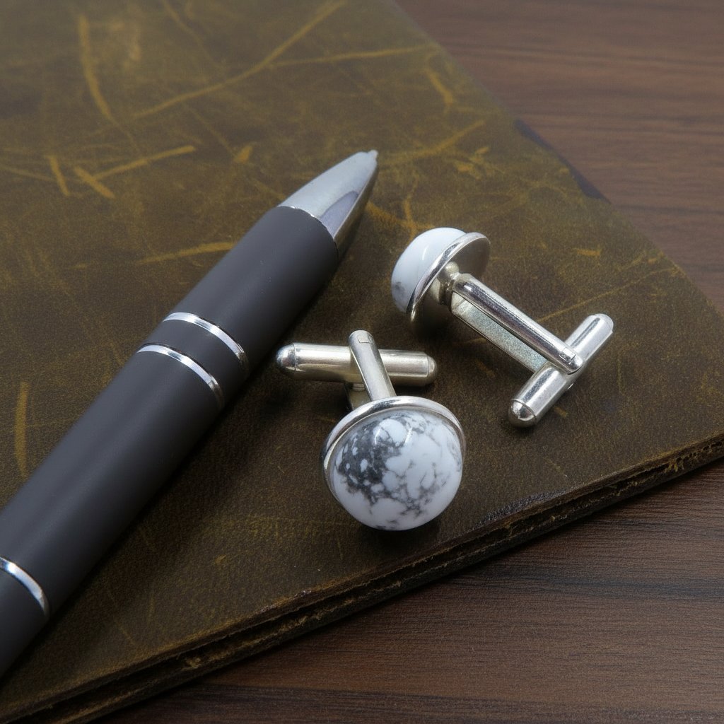 Howlite Cufflinks White Stone Style Setter Silver