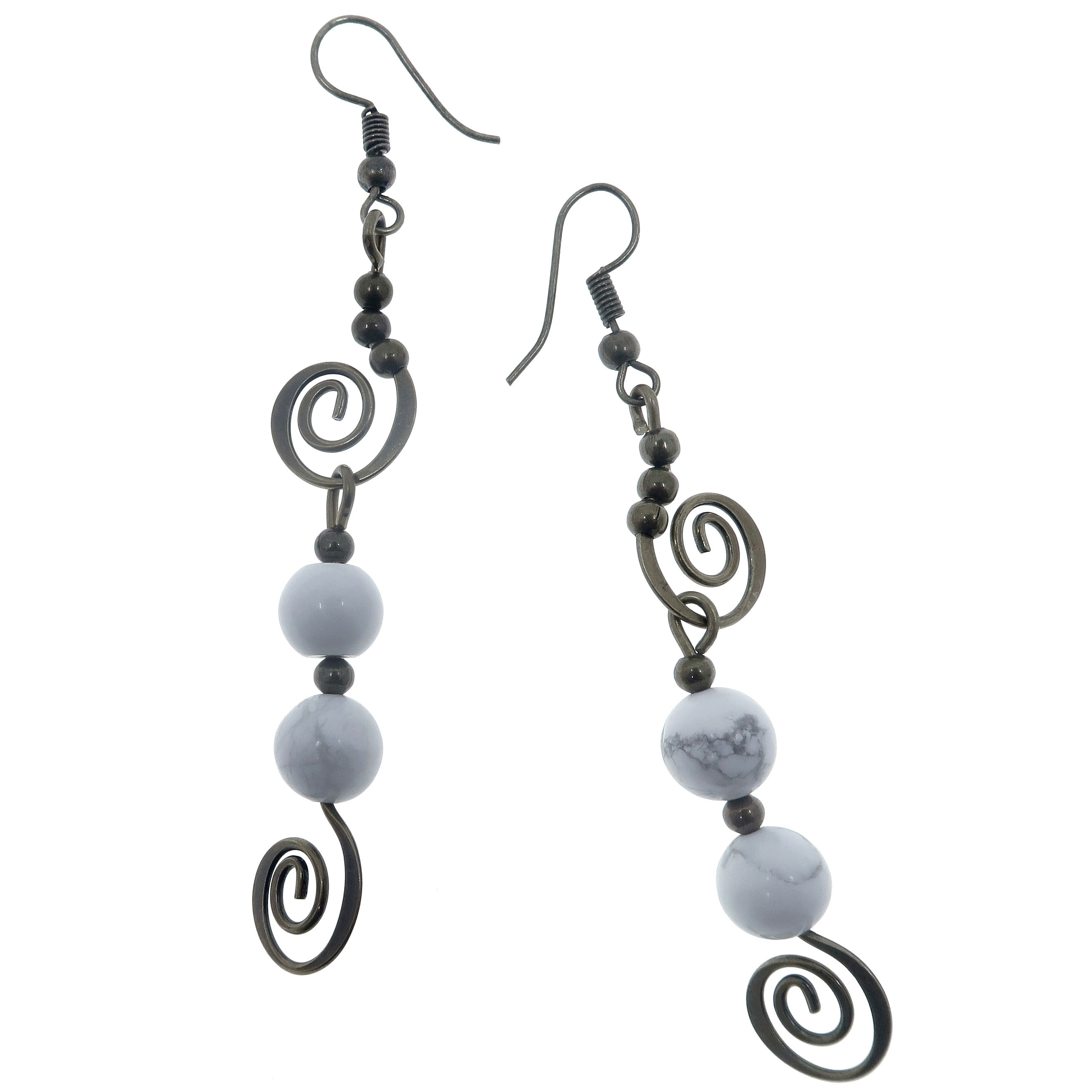 Boucles d'oreilles en howlite, gemme blanche, Spirale de paix