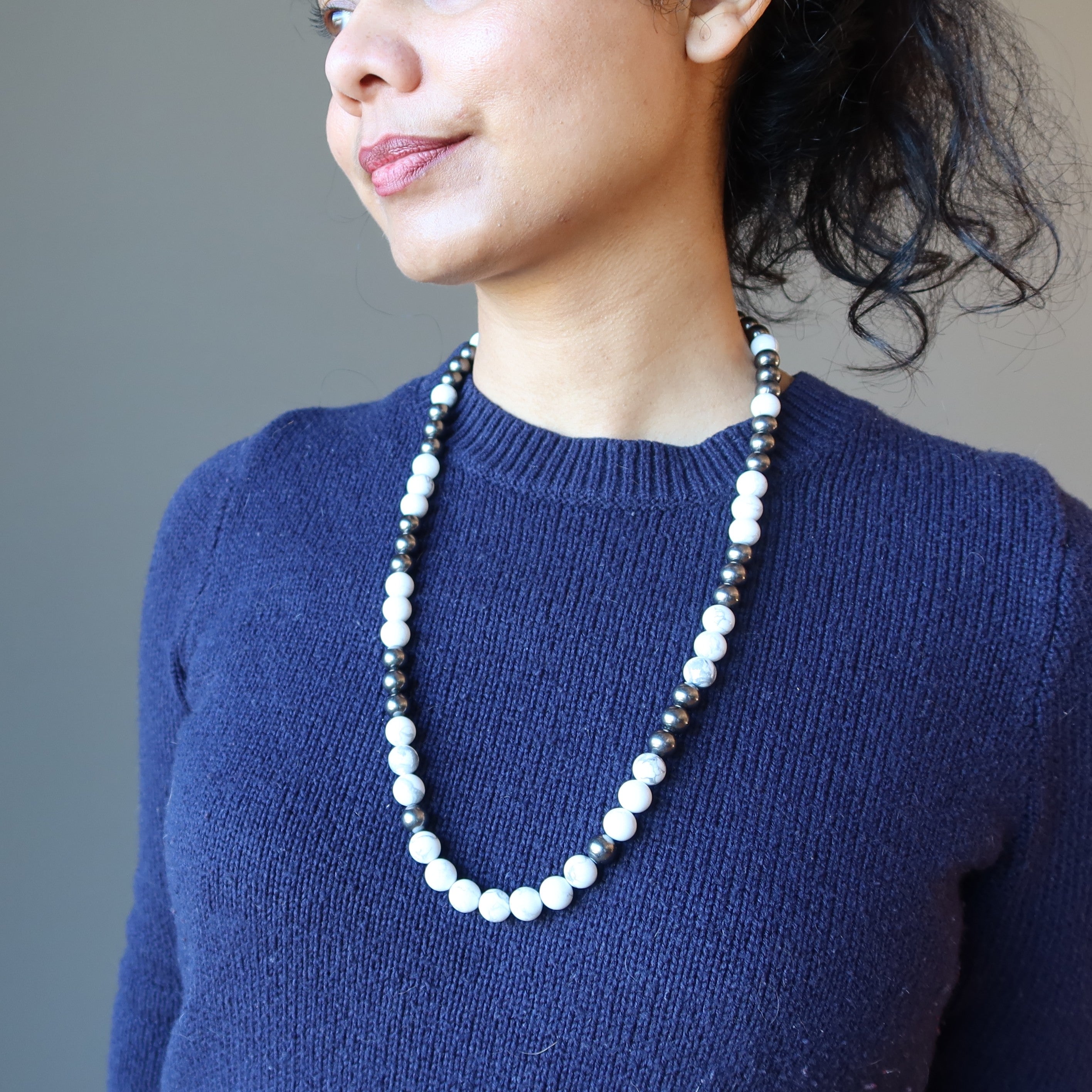 Howlite Necklace White Stones Beaded Gunmetal
