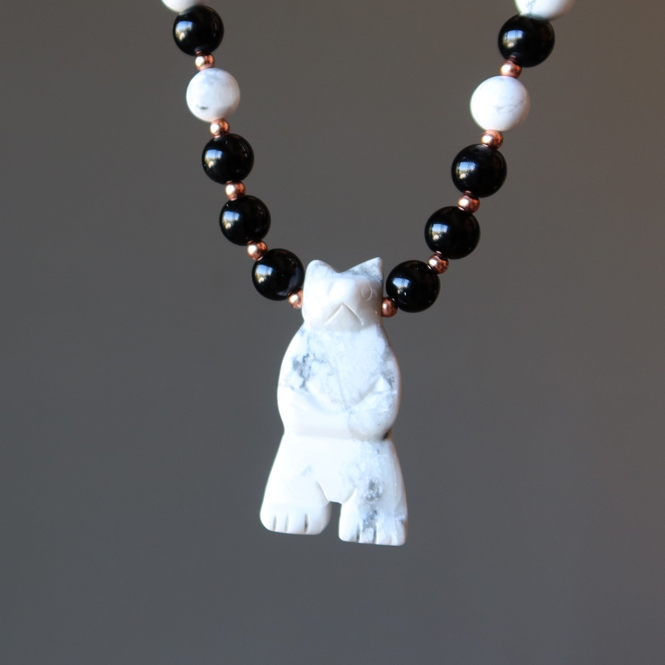 Howlite Necklace White Bear Black Obsidian Protector
