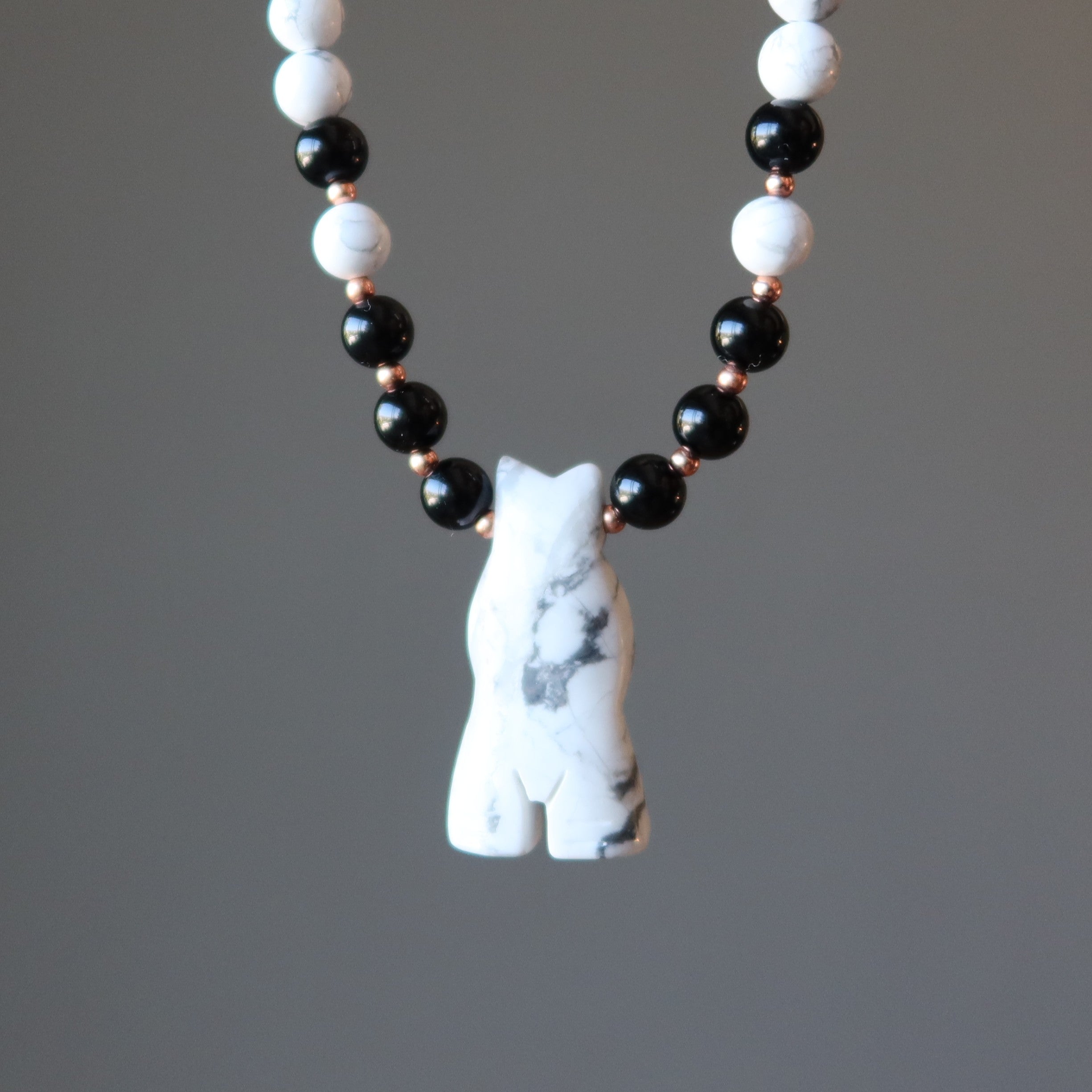Howlite Necklace White Bear Black Obsidian Protector