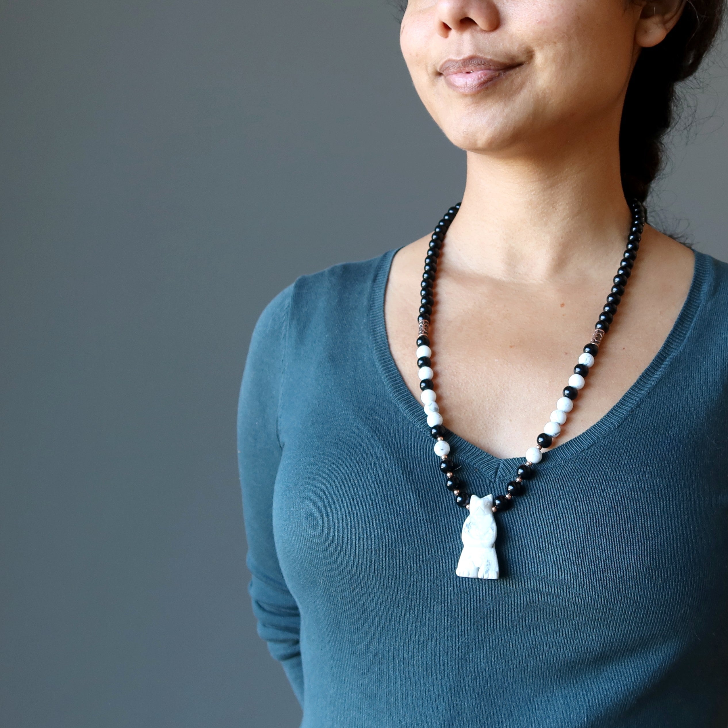 Howlite Necklace White Bear Black Obsidian Protector