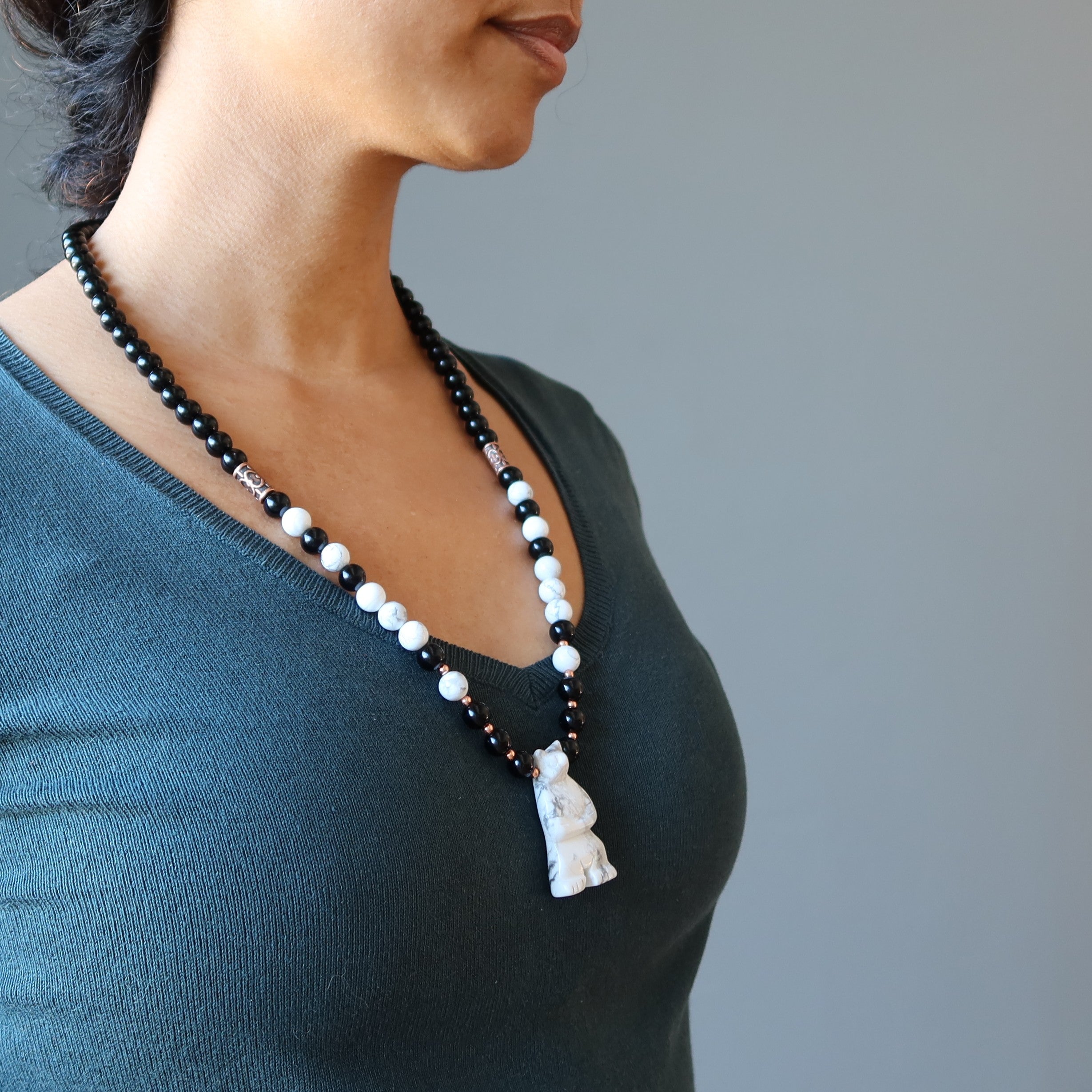 Howlite Necklace White Bear Black Obsidian Protector
