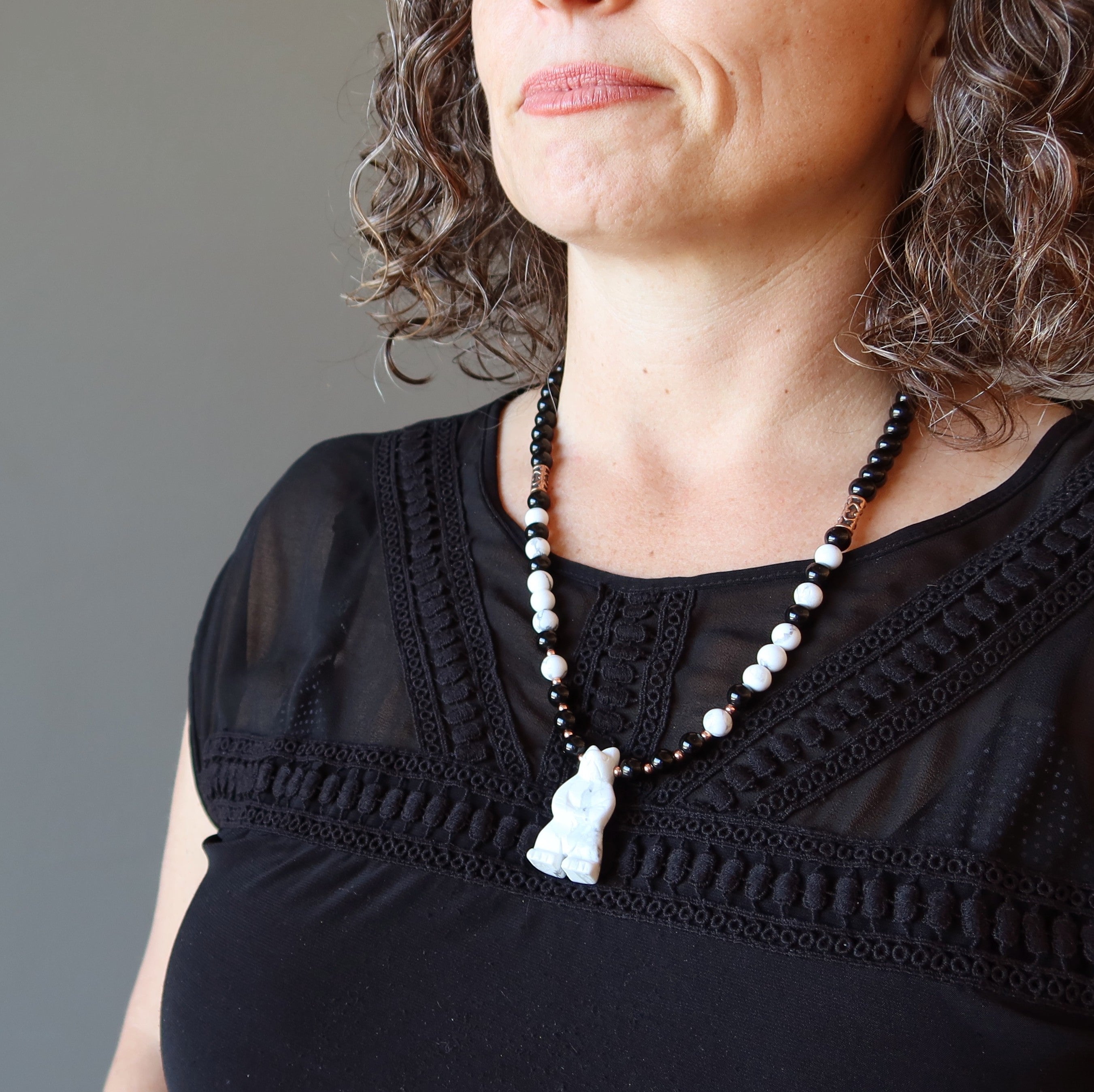 Howlite Necklace White Bear Black Obsidian Protector