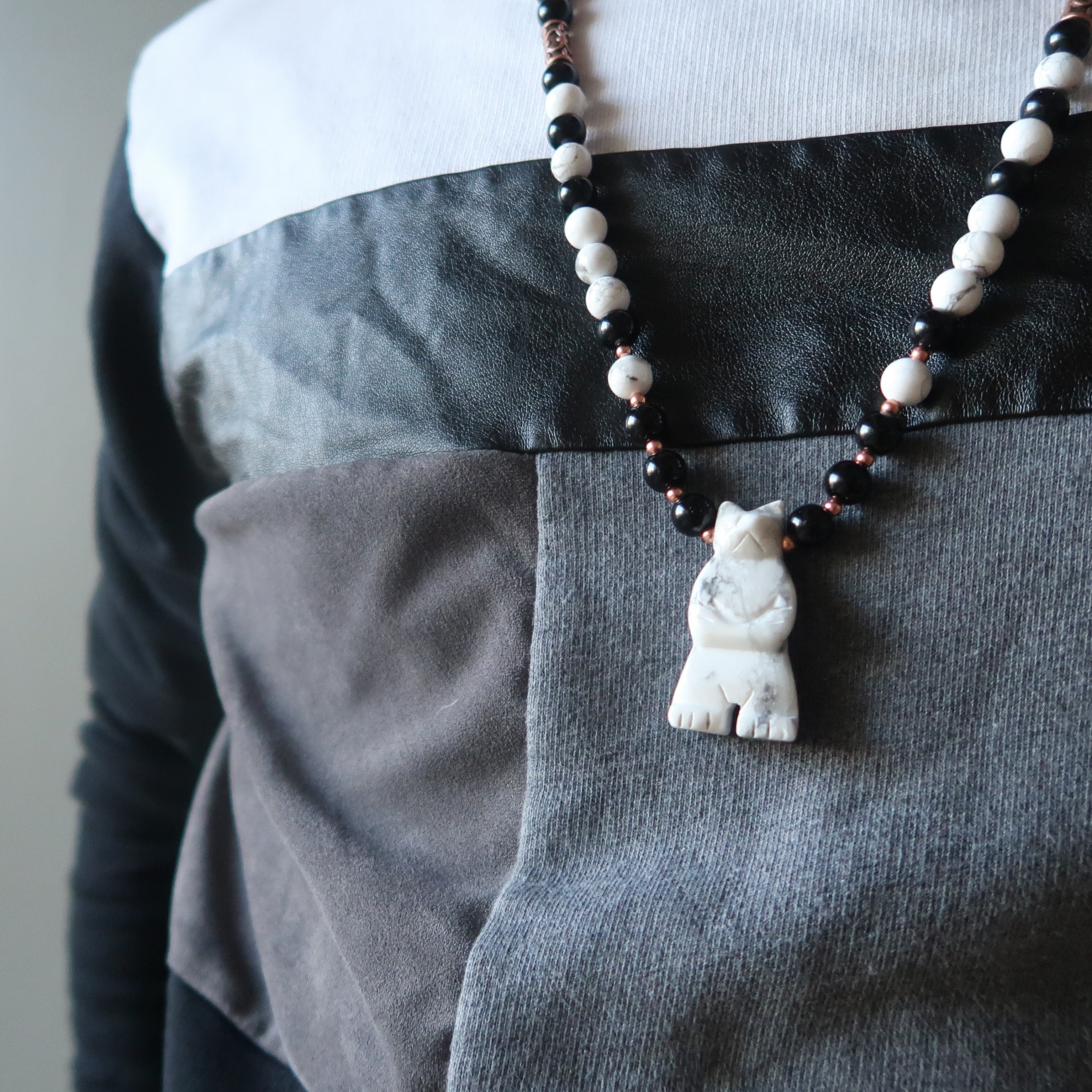 Howlite Necklace White Bear Black Obsidian Protector