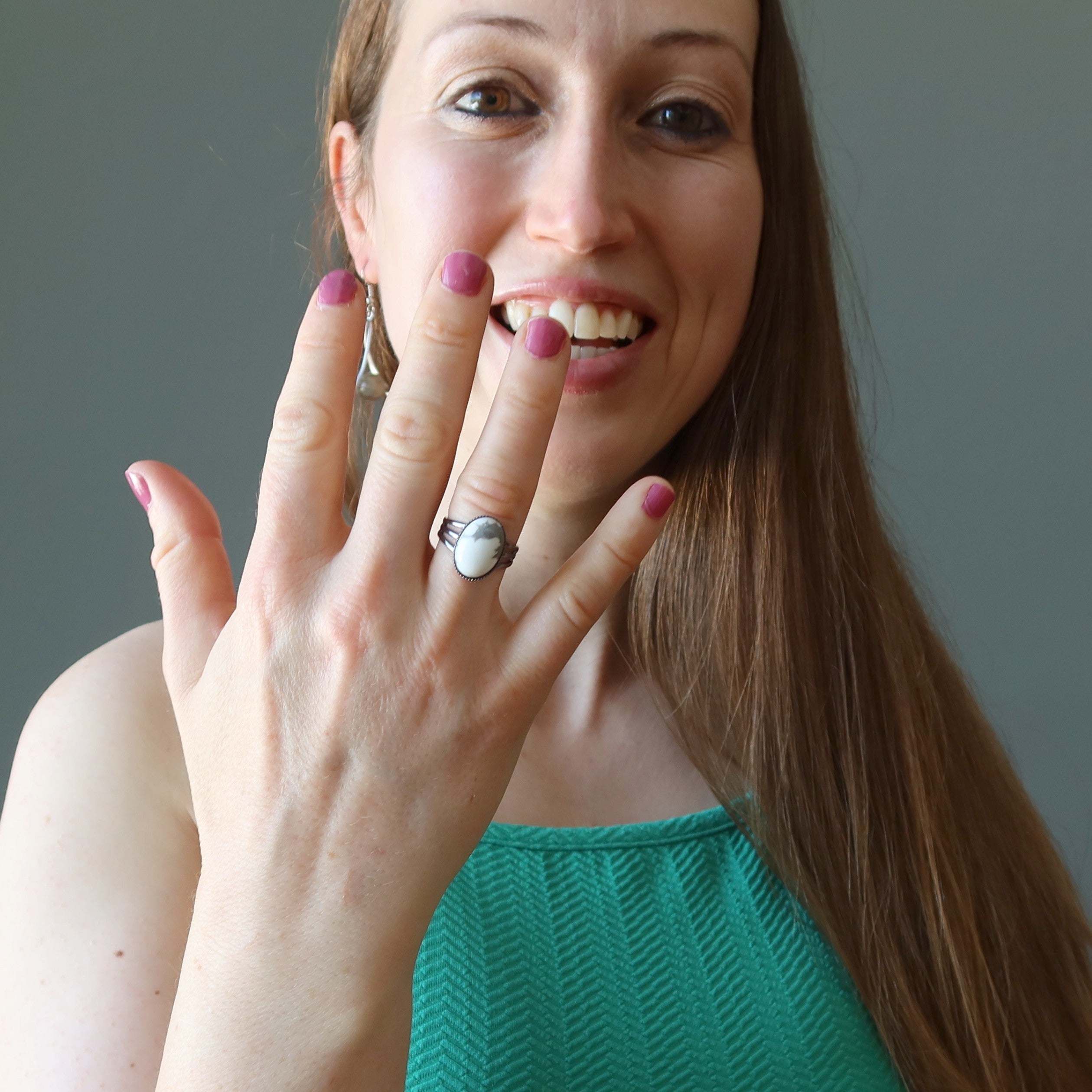 Howlite Ring Right Path Gem Gunmetal Adjustable