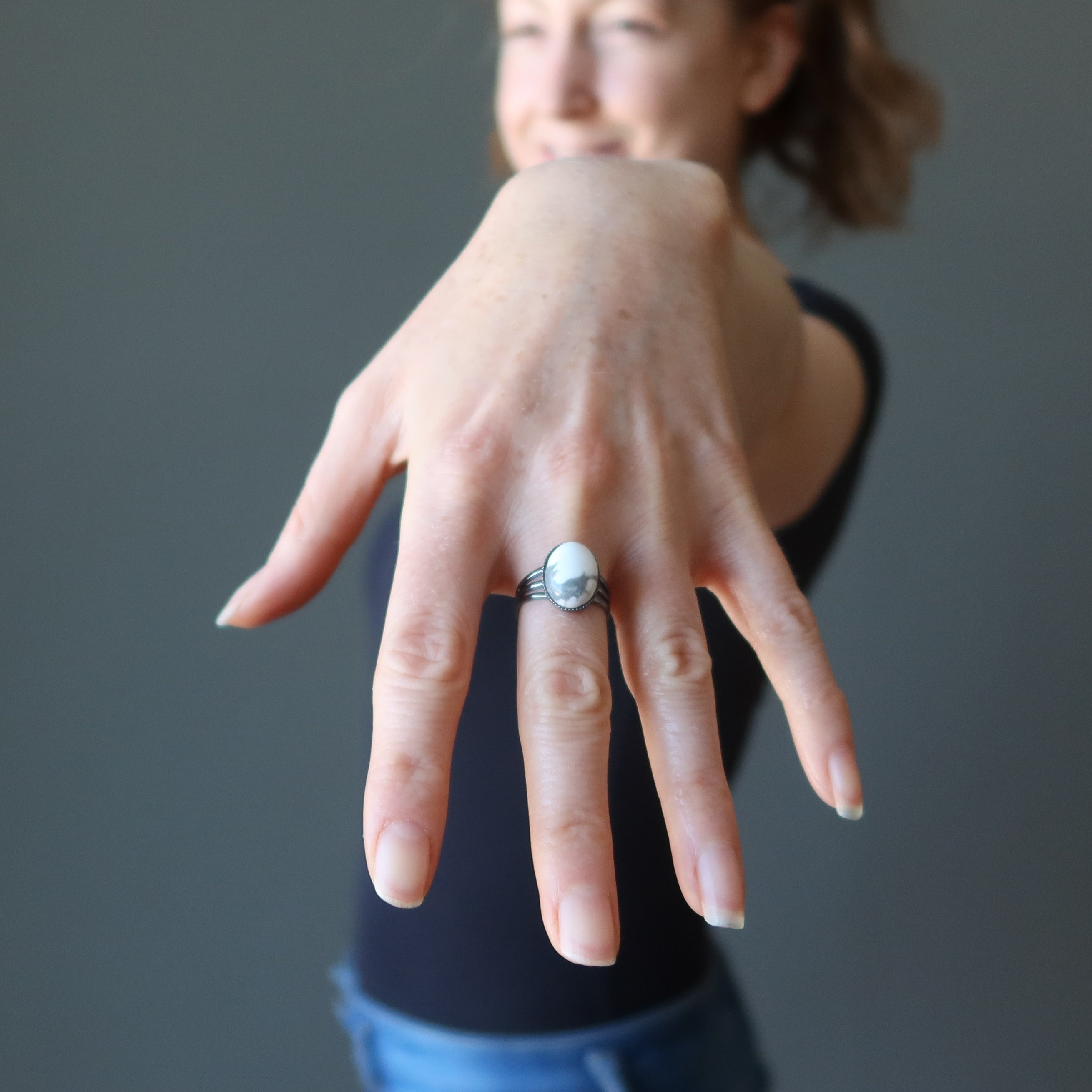 Howlite Ring Right Path Gem Gunmetal Adjustable