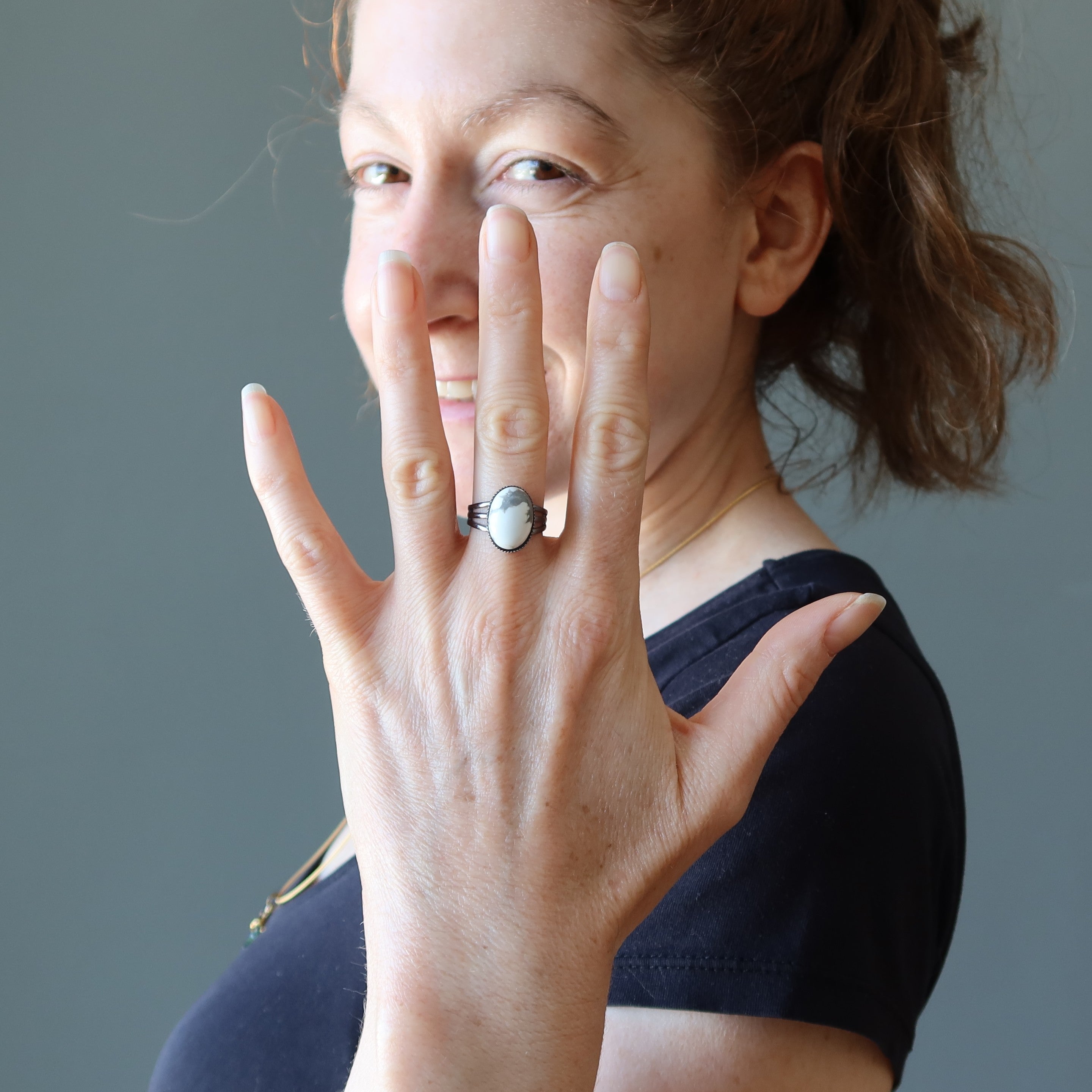 Howlite Ring Right Path Gem Gunmetal Adjustable