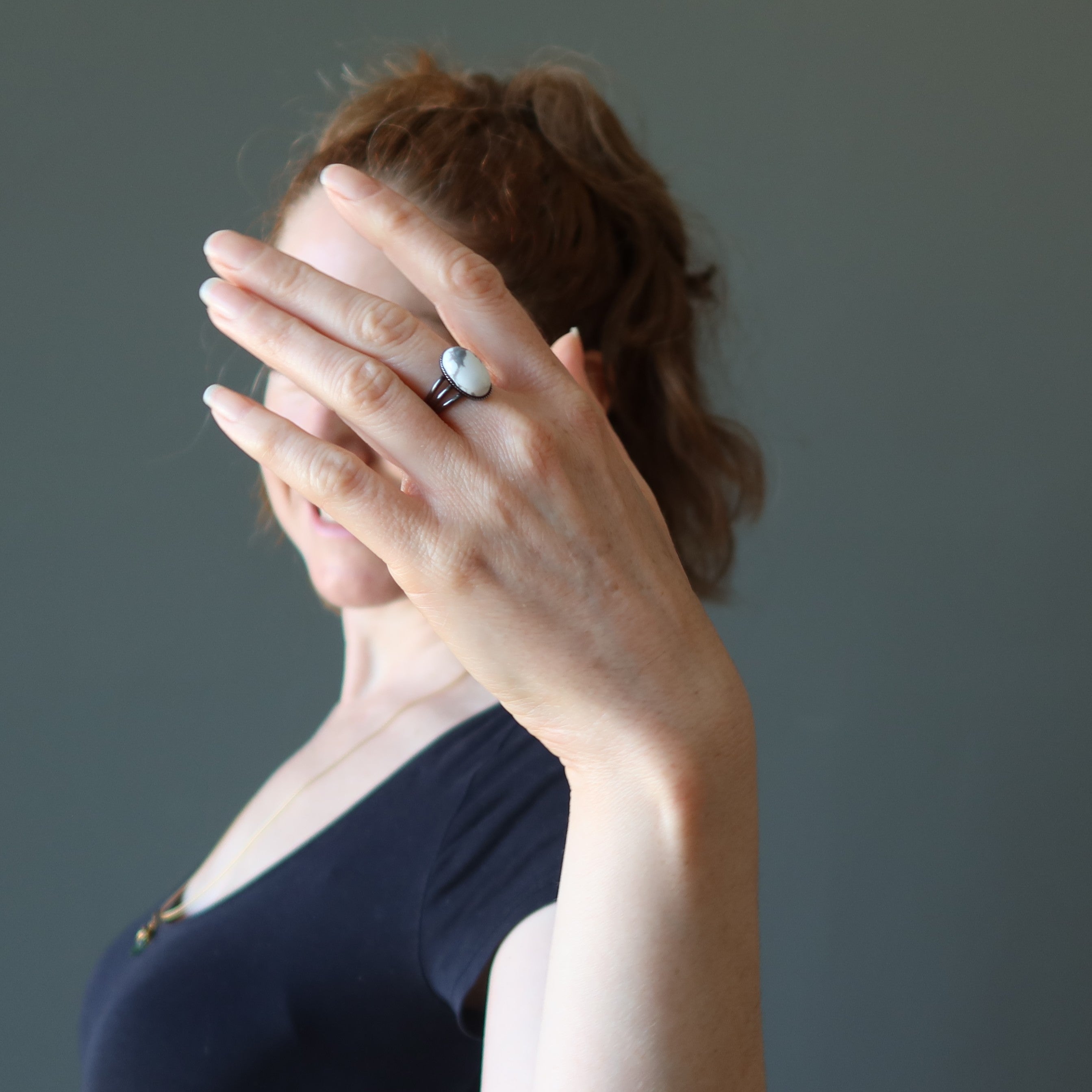 Howlite Ring Right Path Gem Gunmetal Adjustable