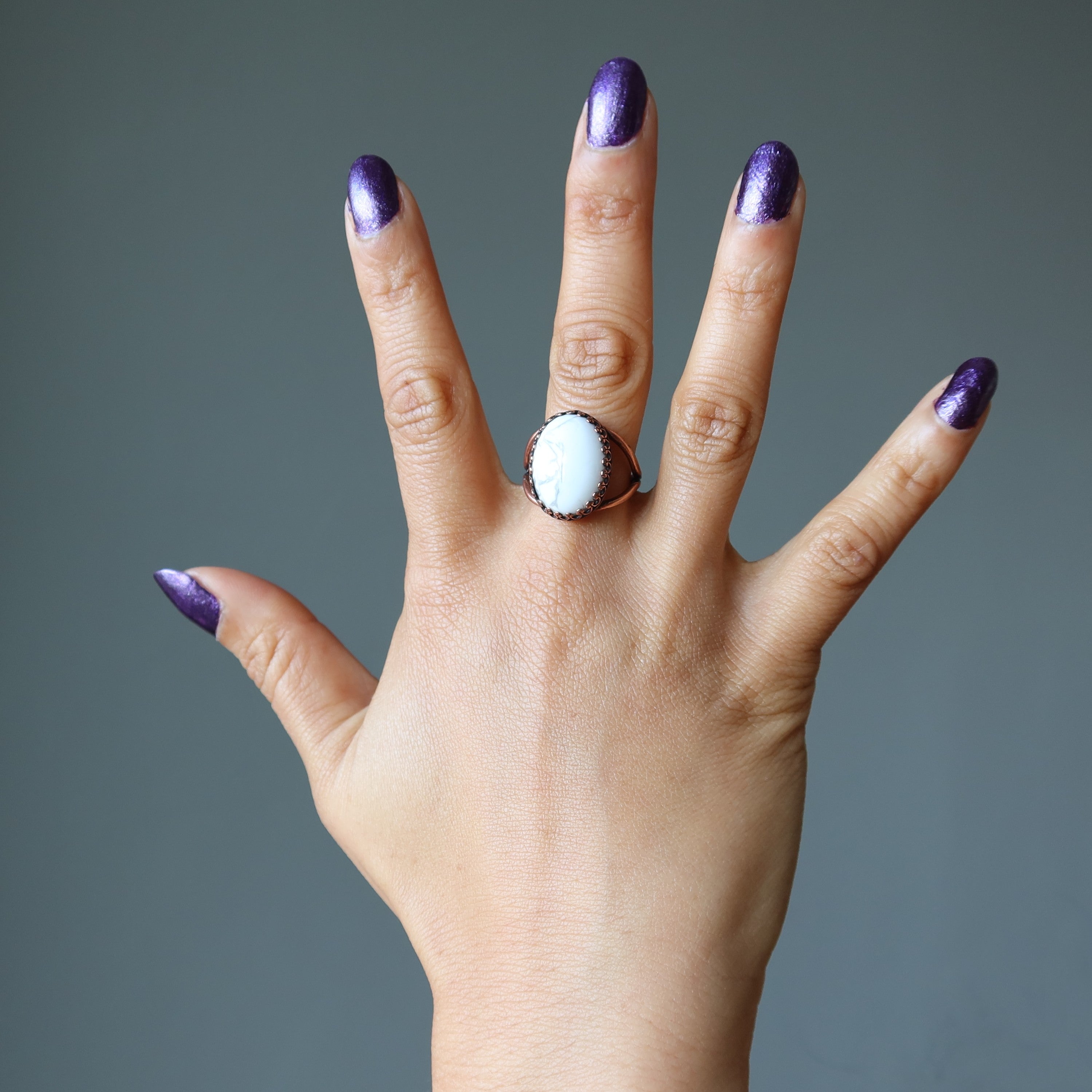 Howlite Ring Surreal Snow White Crystal Copper Adjustable