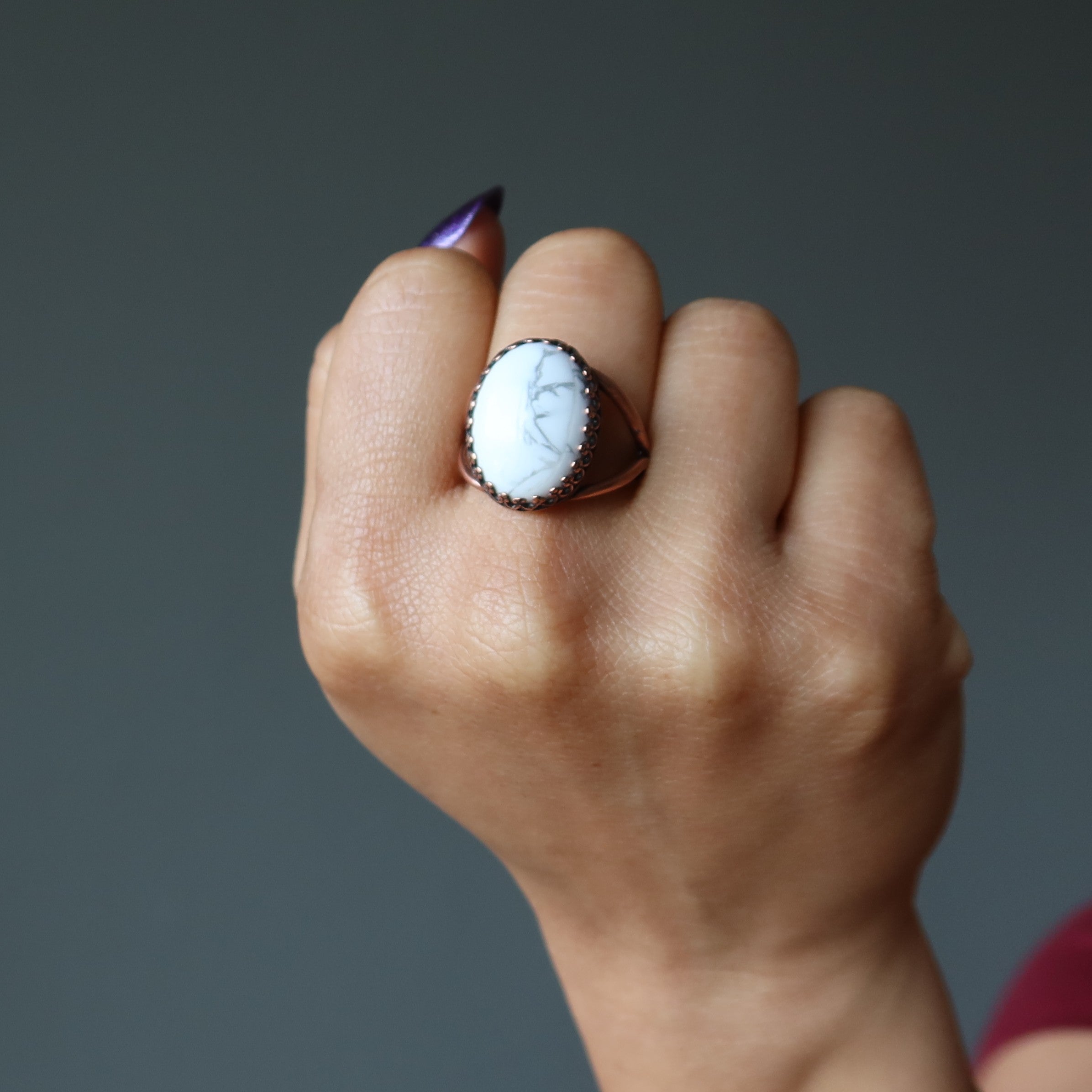 Howlite Ring Surreal Snow White Crystal Copper Adjustable