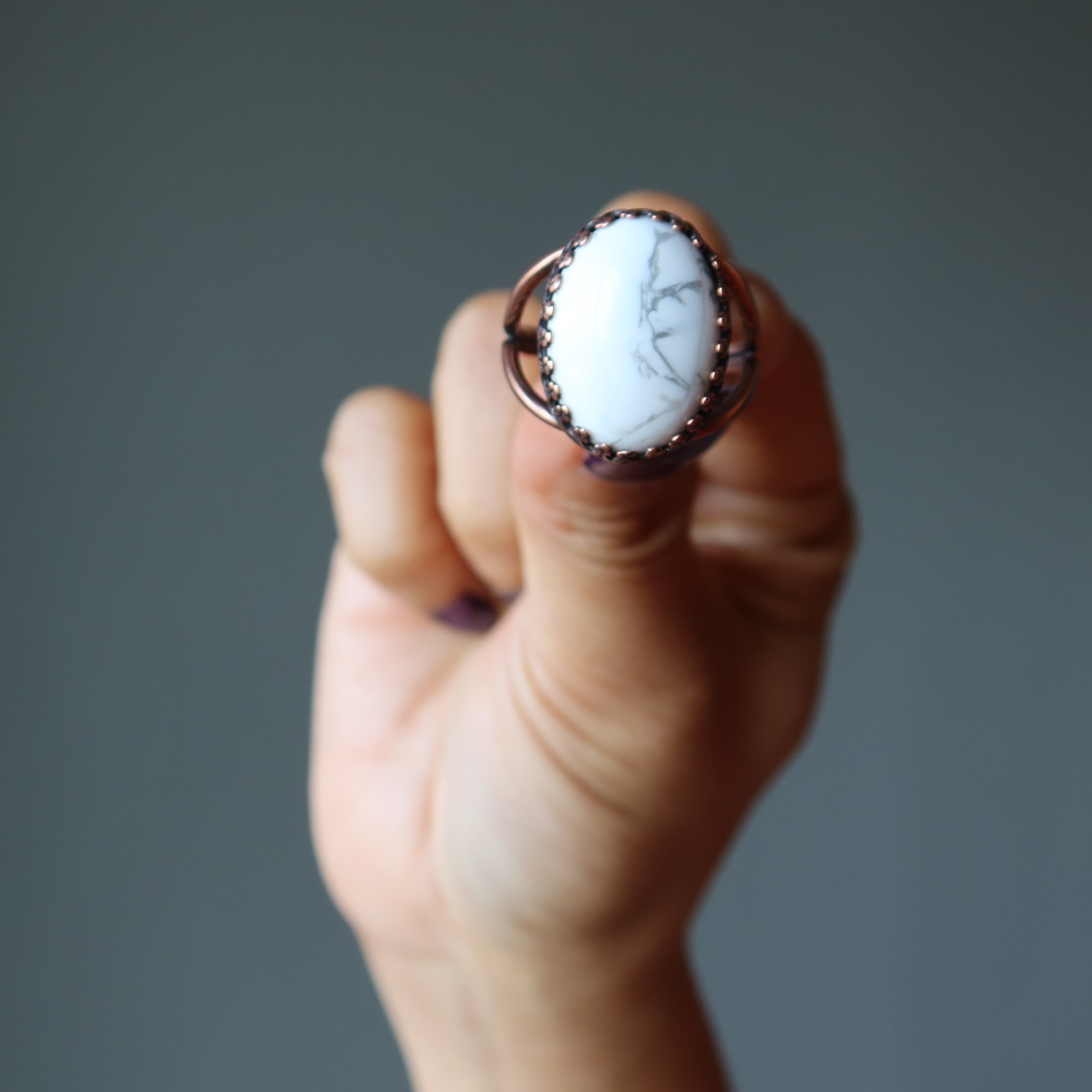 Howlite Ring Surreal Snow White Crystal Copper Adjustable