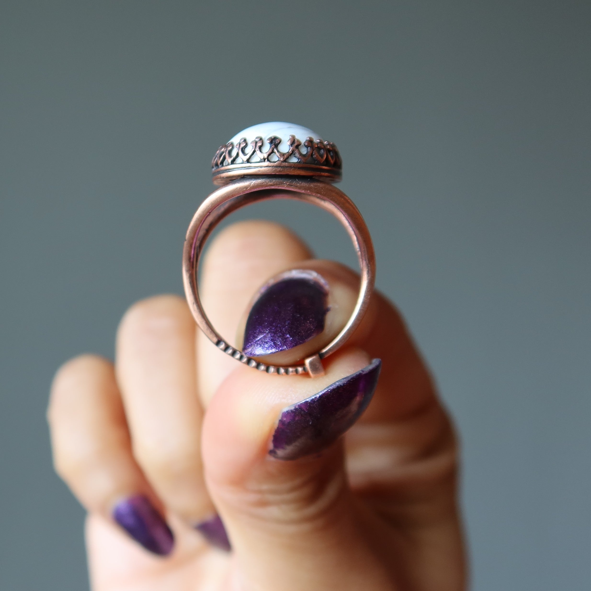 Howlite Ring Surreal Snow White Crystal Copper Adjustable