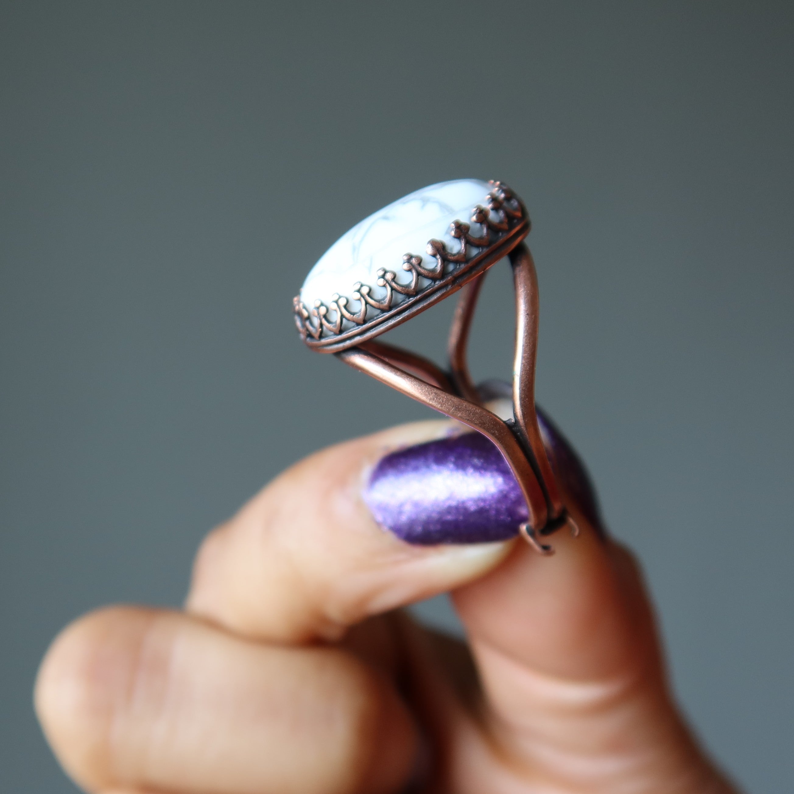Howlite Ring Surreal Snow White Crystal Copper Adjustable