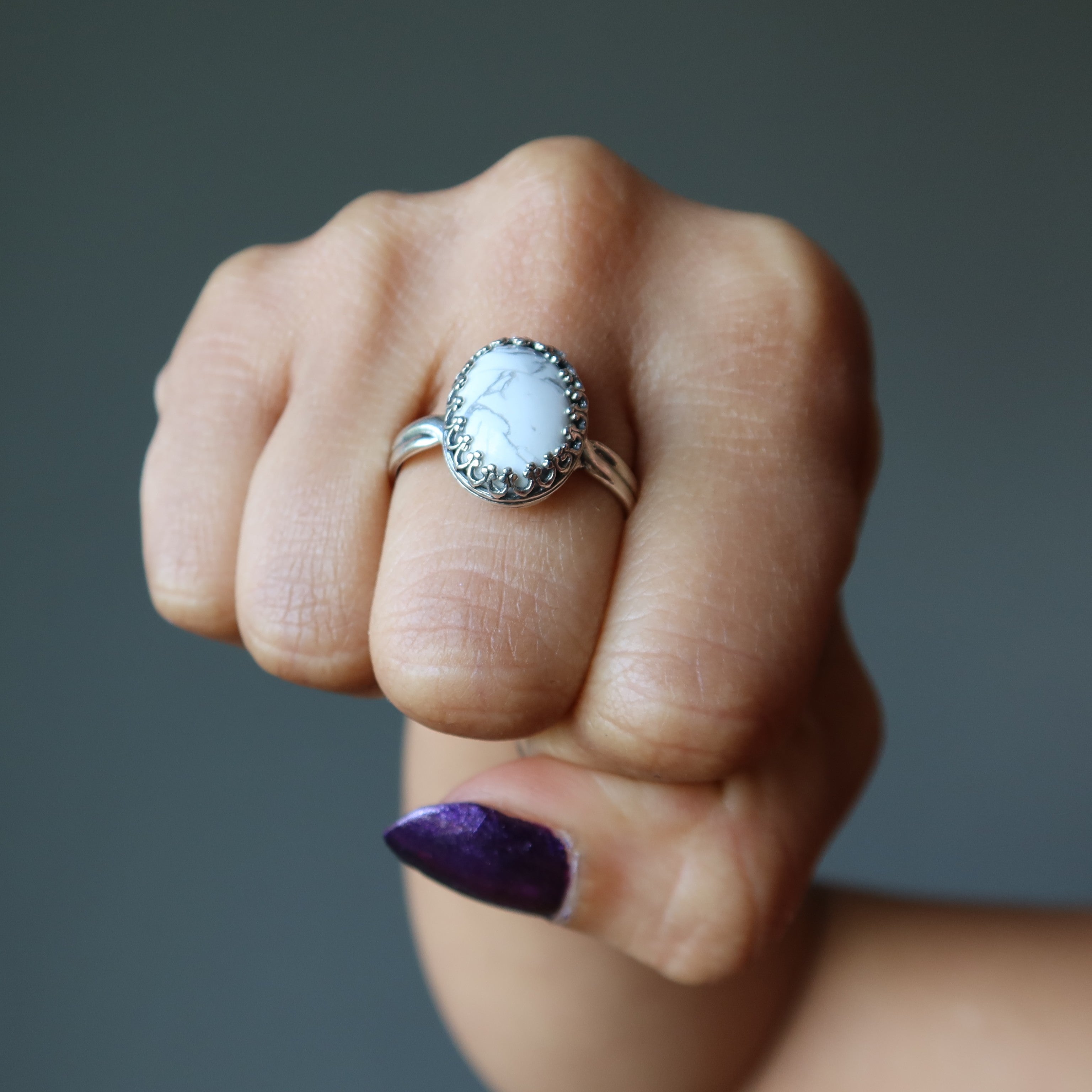 Bague en Howlite Montagne Blanche Argent Sterling Ajustable
