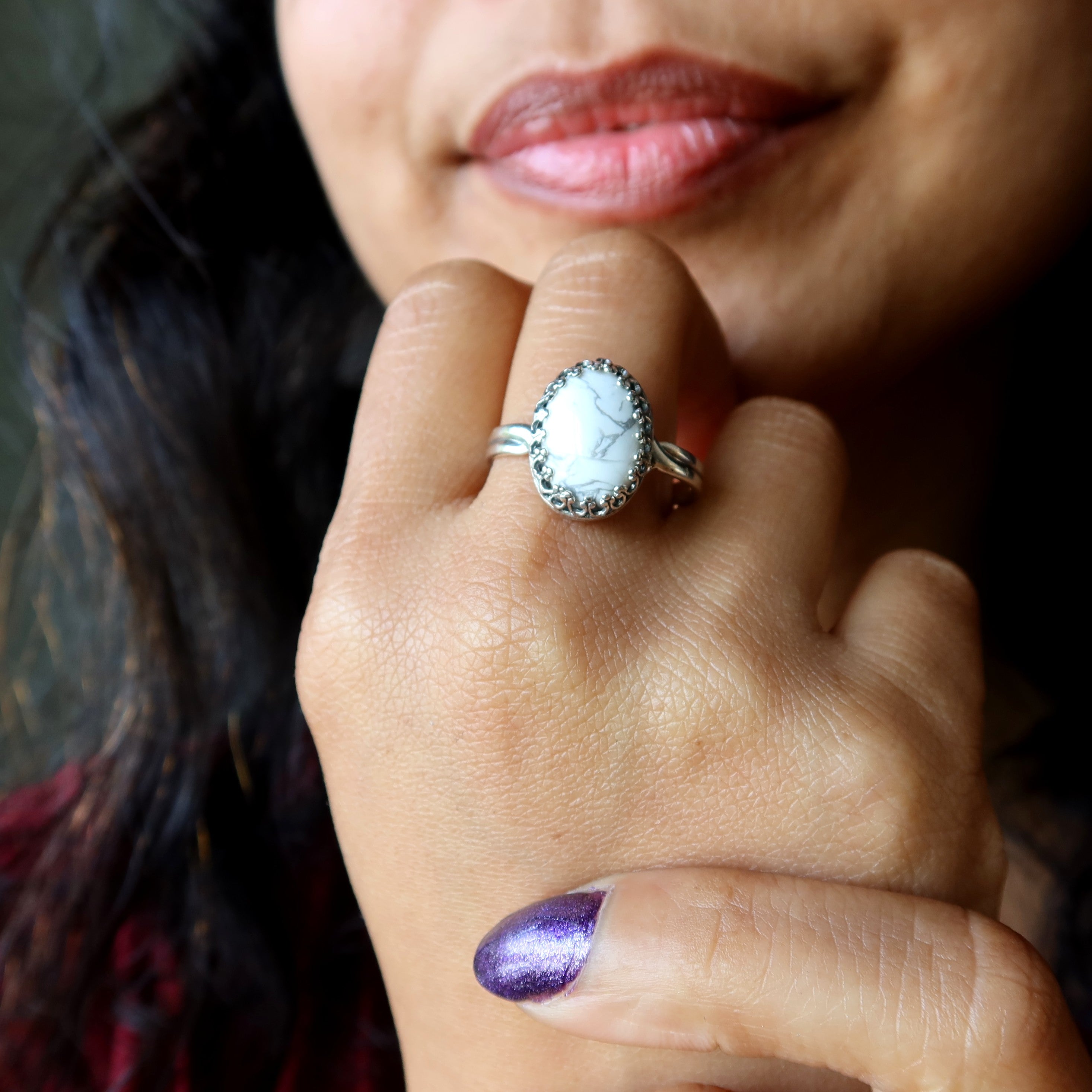 Bague en Howlite Montagne Blanche Argent Sterling Ajustable