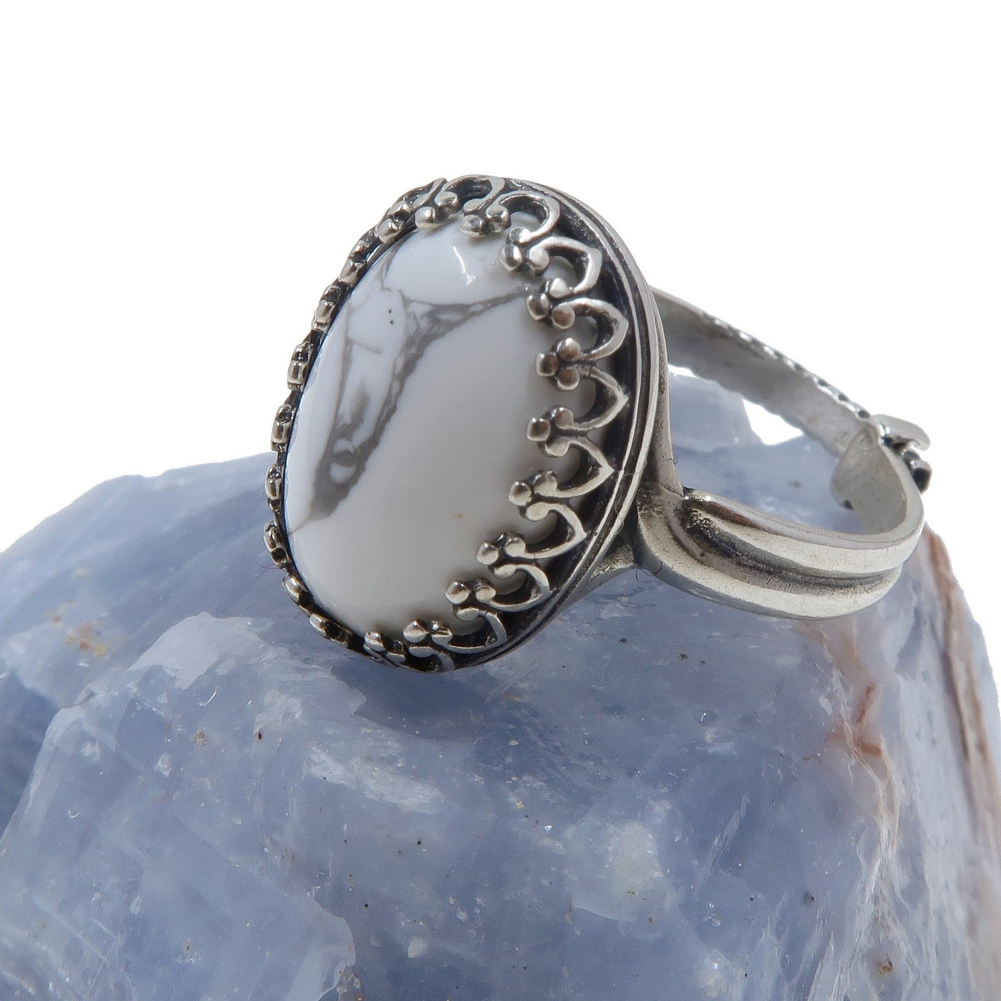 Bague en Howlite Montagne Blanche Argent Sterling Ajustable