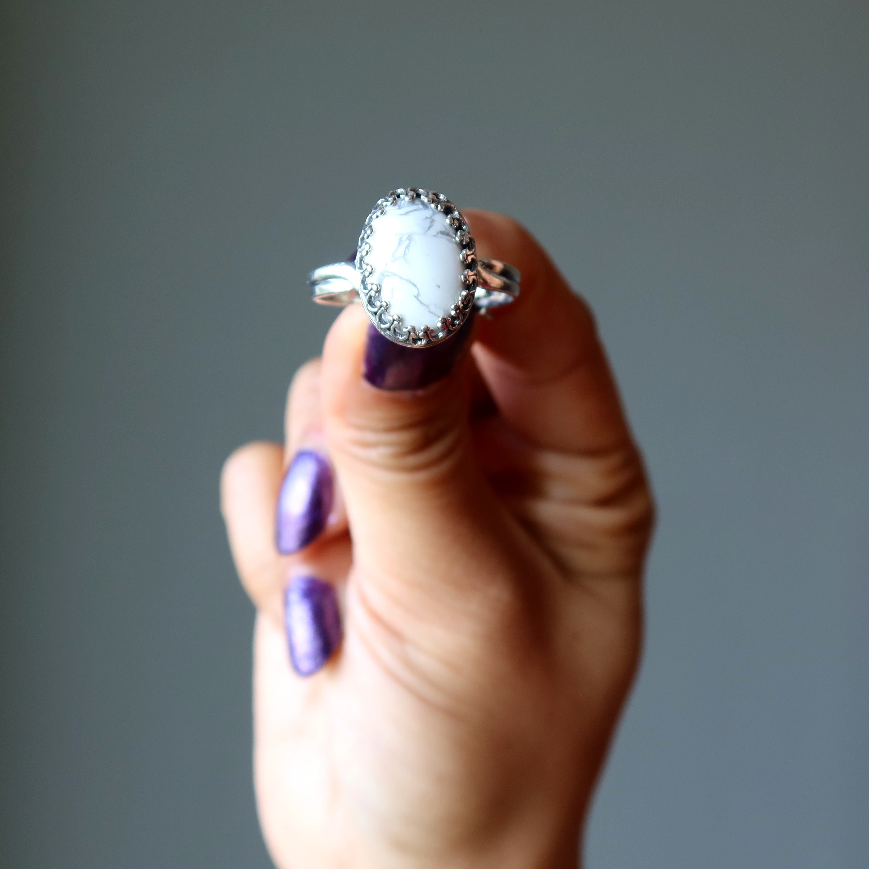Bague en Howlite Montagne Blanche Argent Sterling Ajustable
