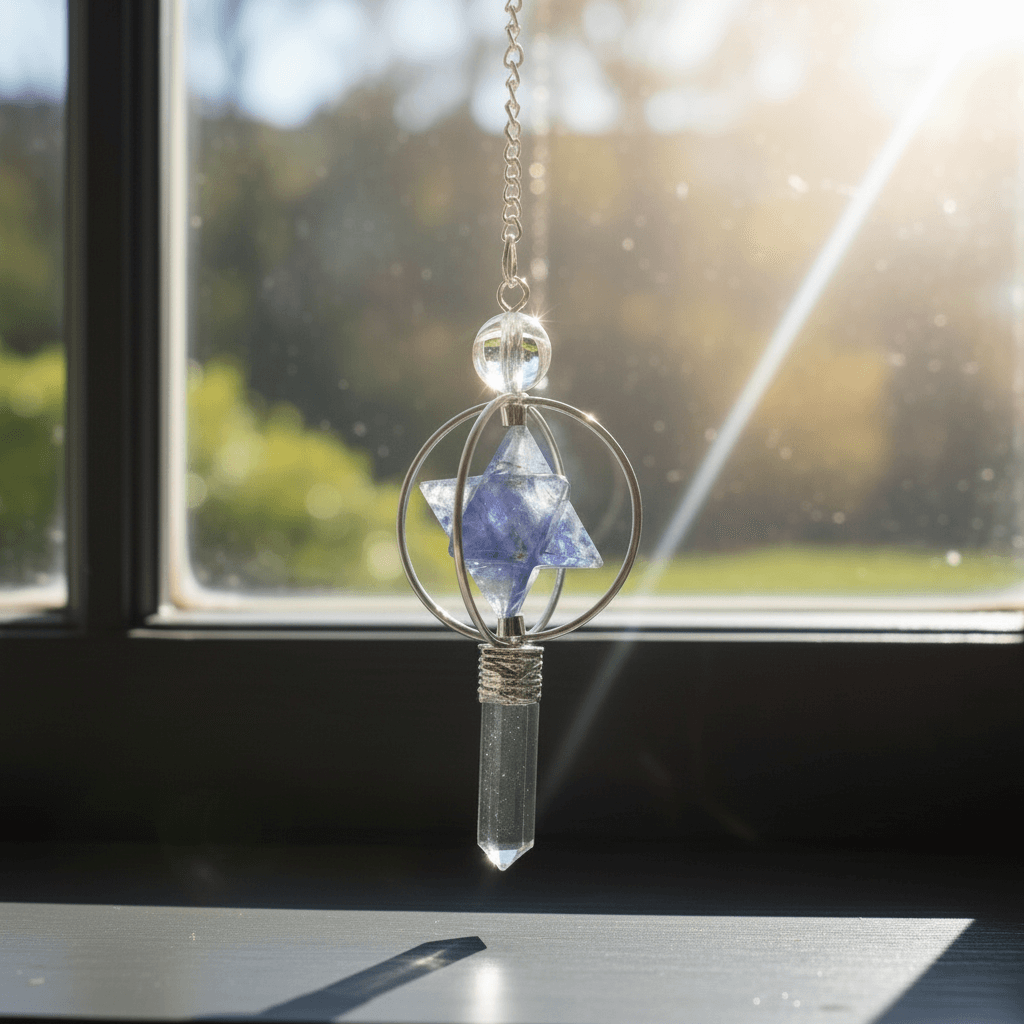 Pendentif en quartz clair et étoile merkaba en iolite