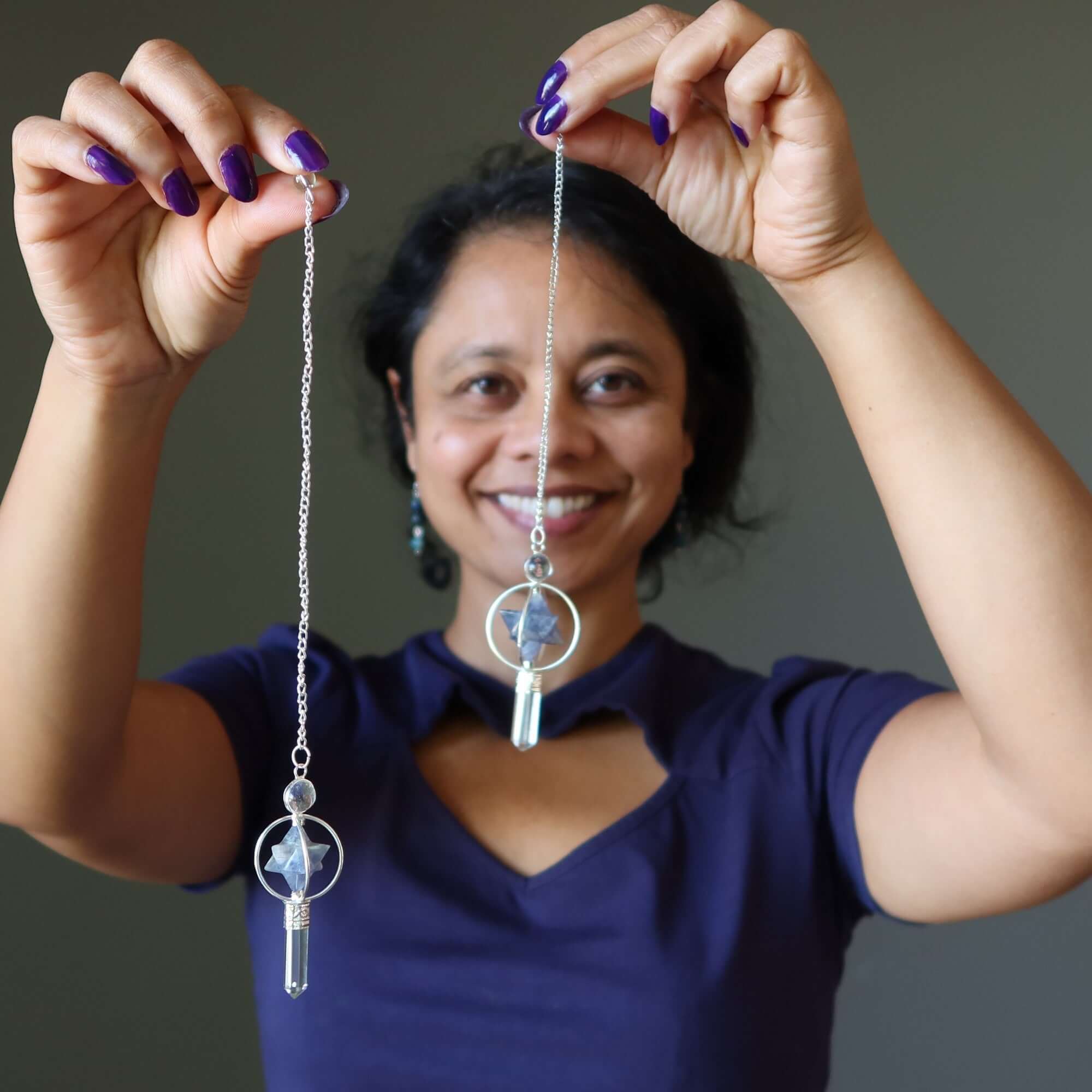 Pendentif en quartz clair et étoile merkaba en iolite