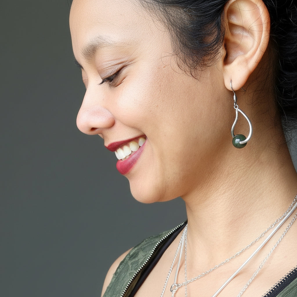 Jade Earrings Deep Prosperity Green Nephrite Stone
