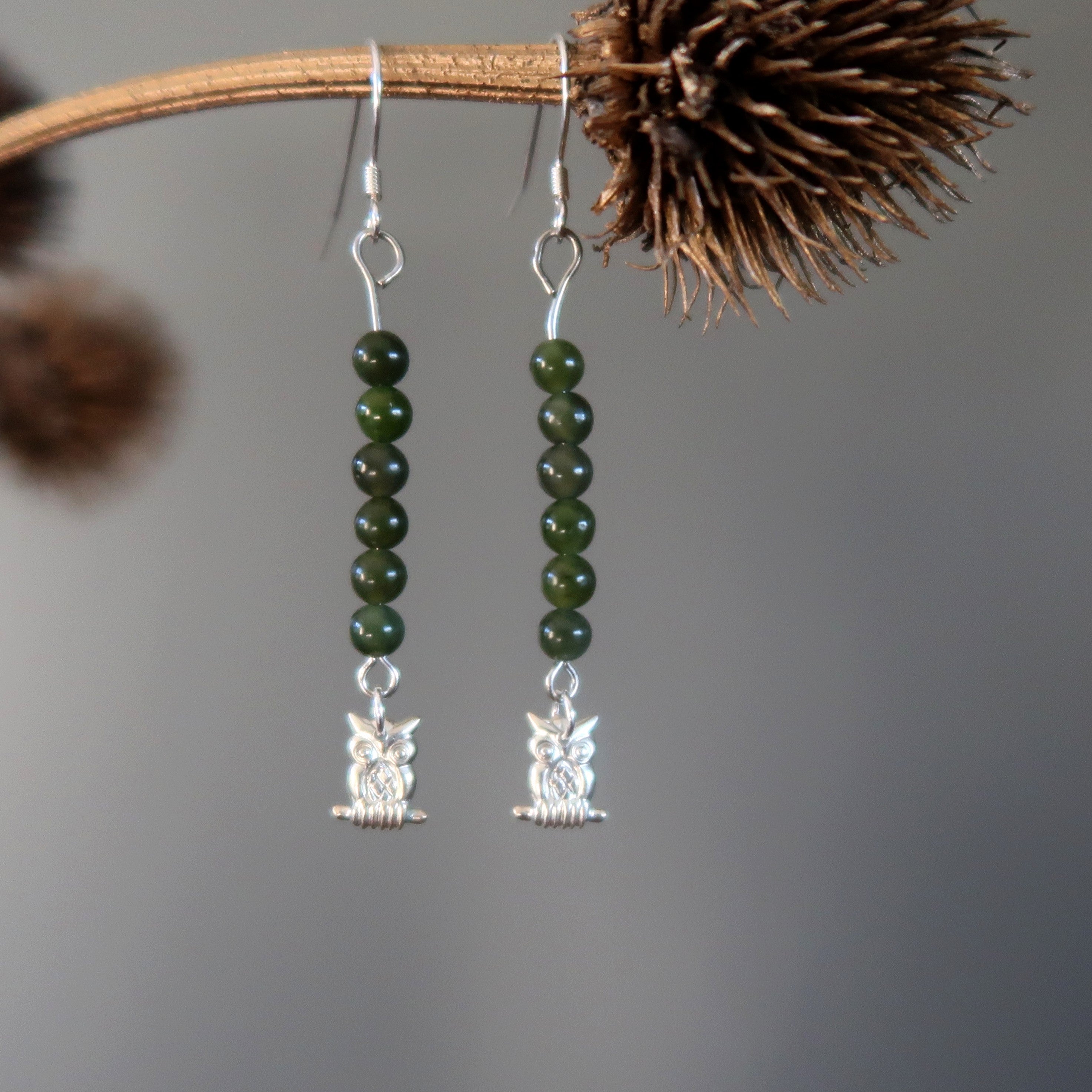 Jade Earrings Wise Owl in Green Nephrite Forest Sterling