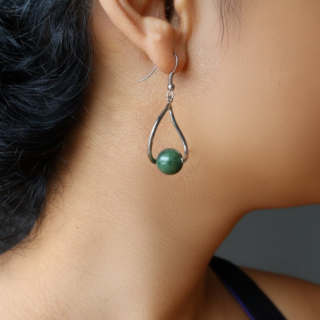 Jade Earrings Deep Prosperity Green Nephrite Stone