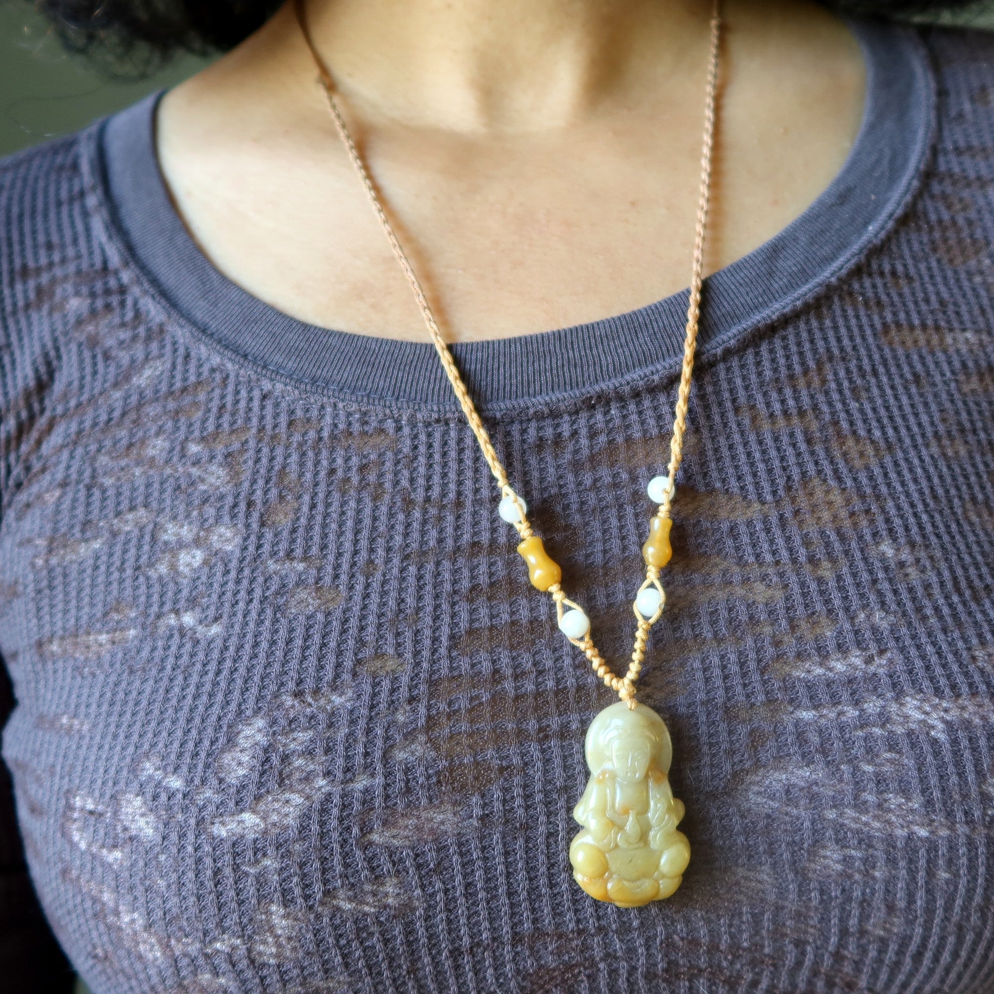 Jade Necklace Goddess Kwan Yin Yellow Vase Adjustable