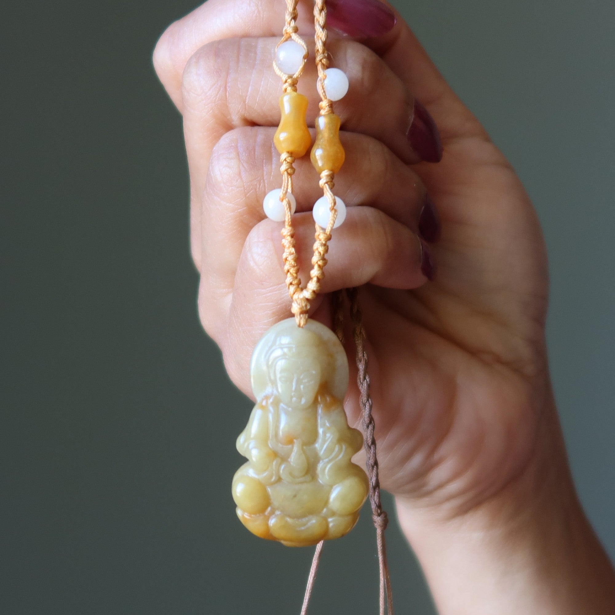 Jade Necklace Goddess Kwan Yin Yellow Vase Adjustable