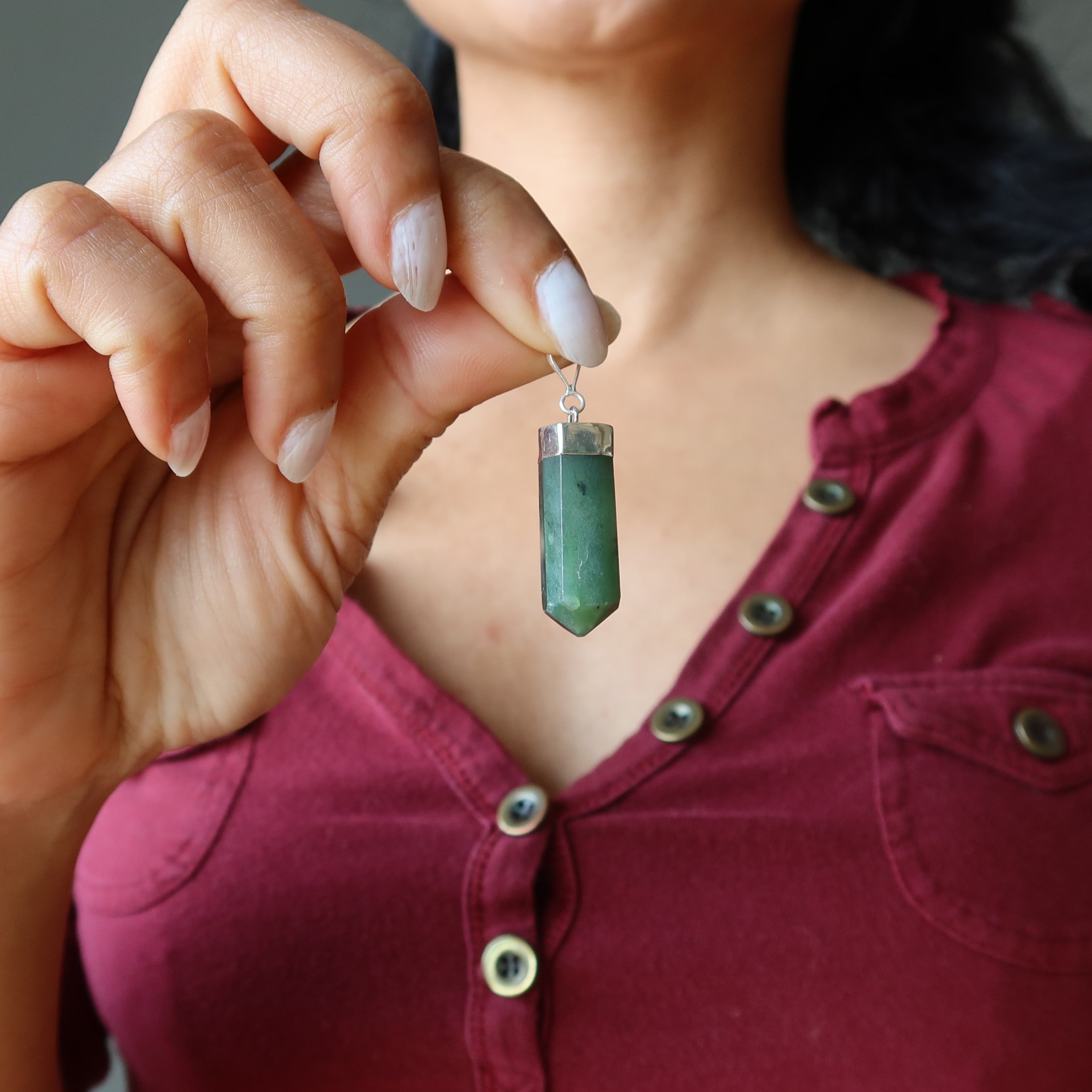 Pendentif Jade Pointe Prospérité Néphrite Argent Sterling