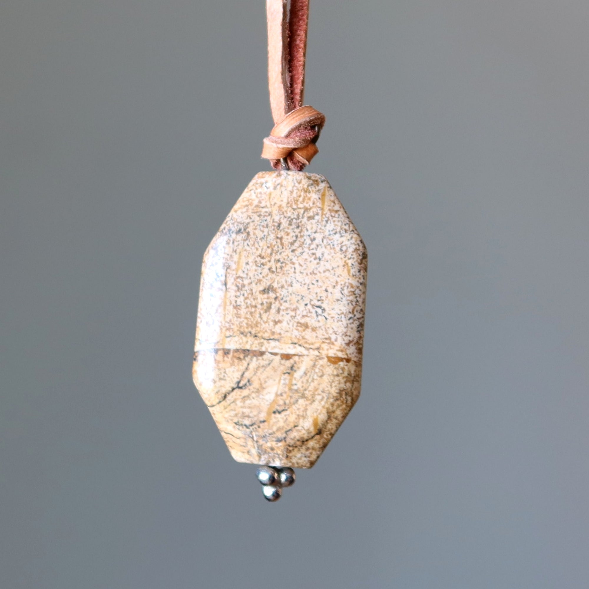 Collier en jaspe Paysage, force au quotidien, cuir marron