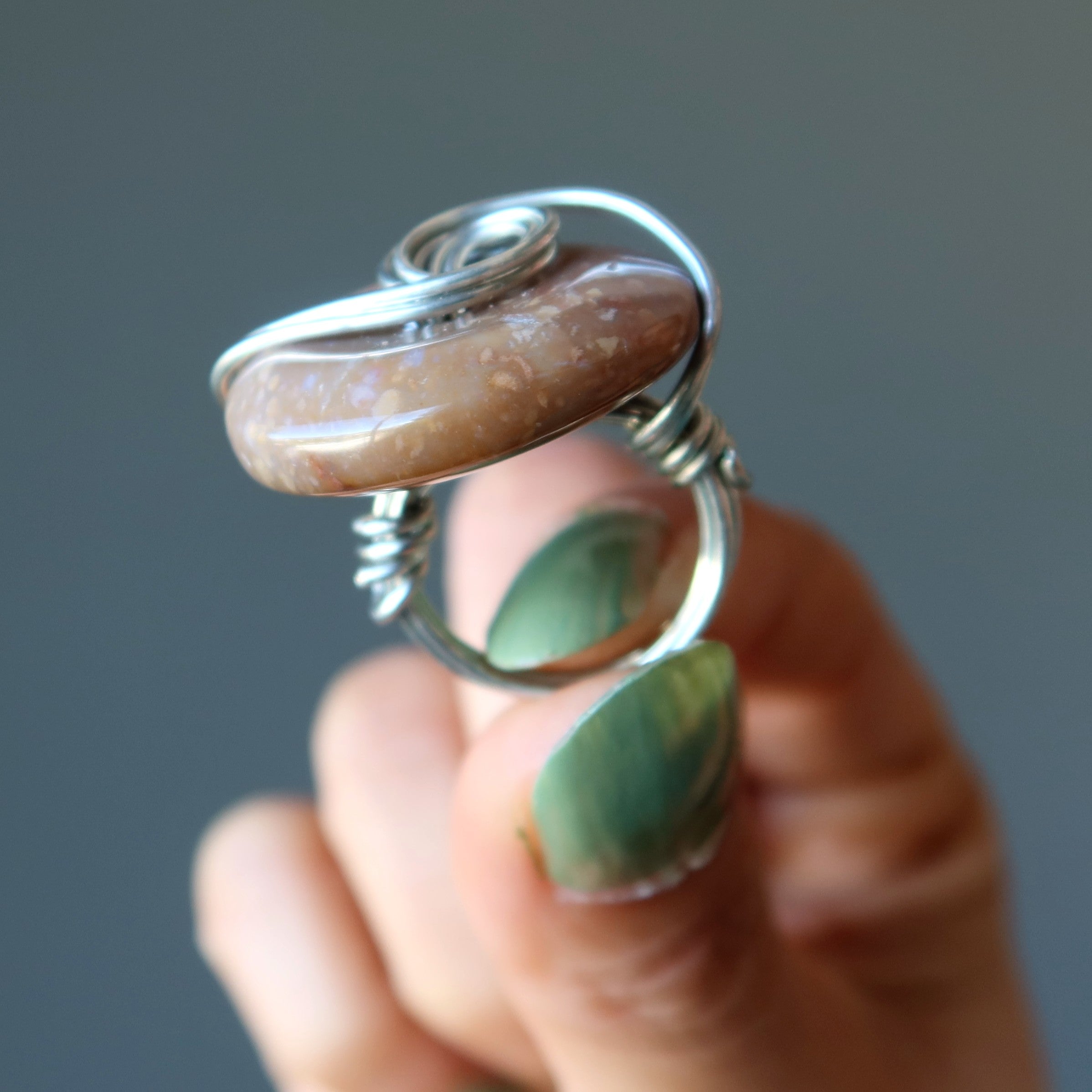 Brown Jasper Ring Chocolate Donut Silver Wire Size 4.25
