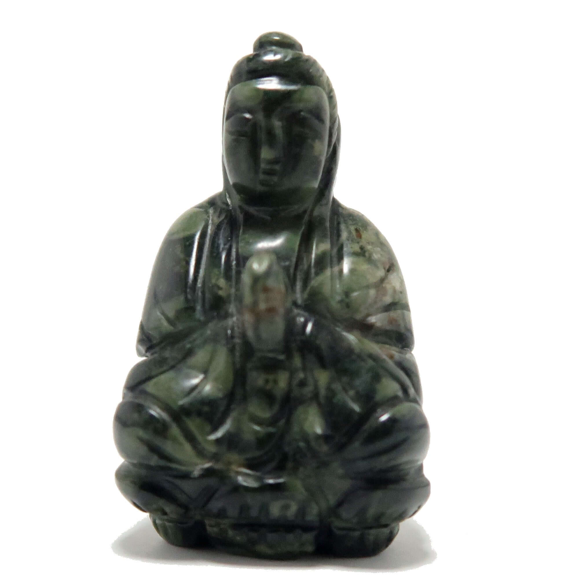 Figurine de Bouddha en jaspe Kambaba vert avec les mains en prière