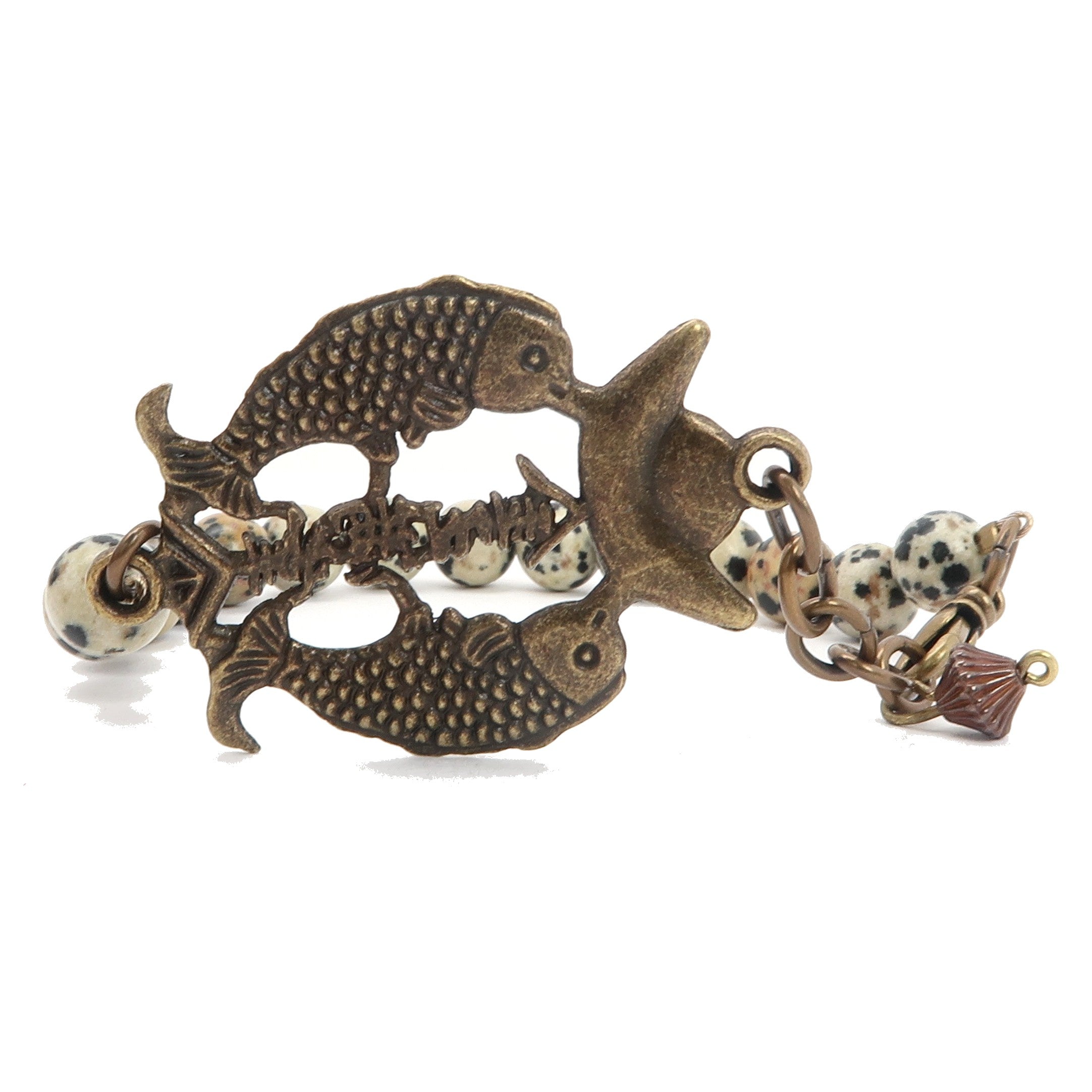 Dalmatiner Jaspis Armband Antik Messing Fisch Glücksperlen