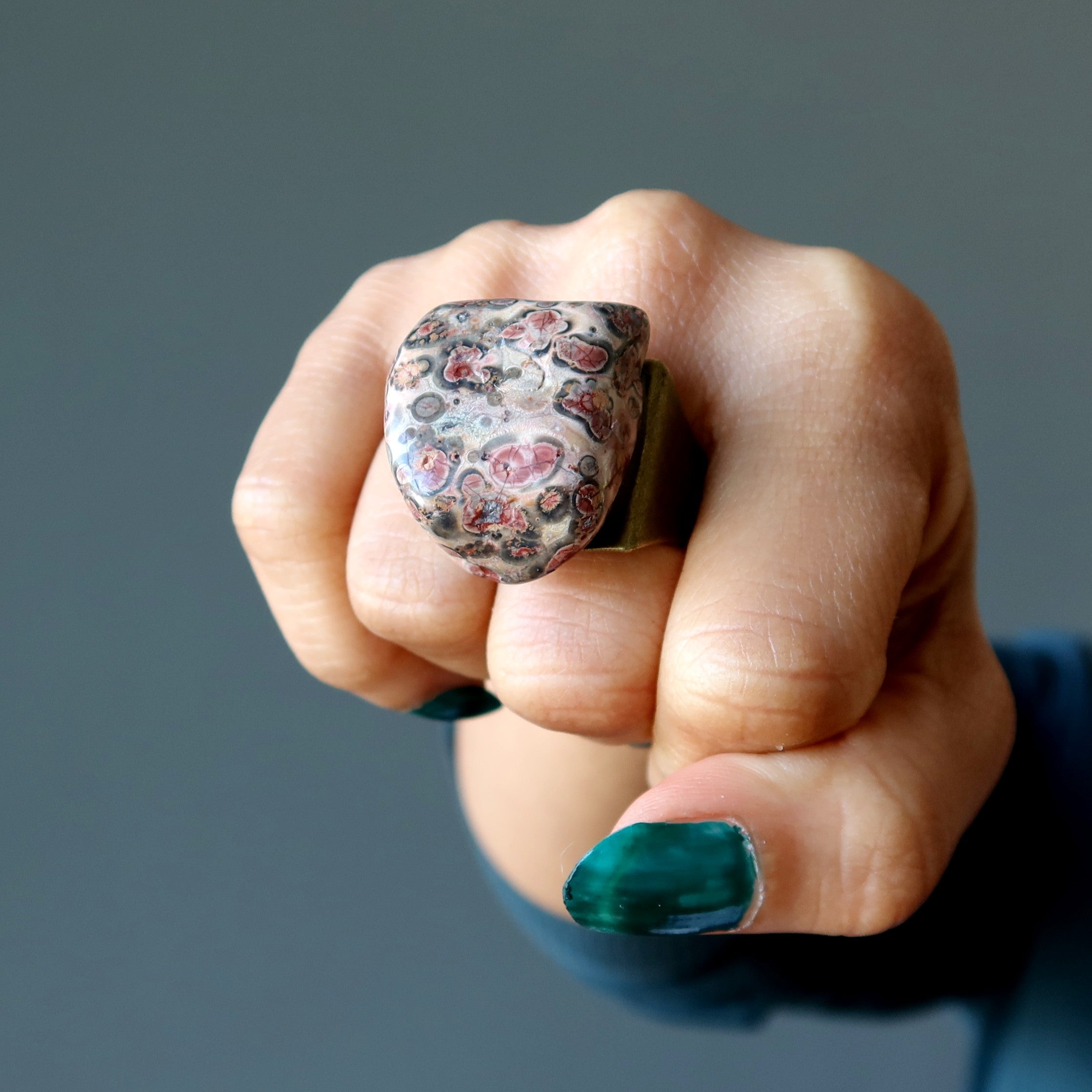 Leopard Jasper Ring Wild Chunky Stone Bronze Adjustable