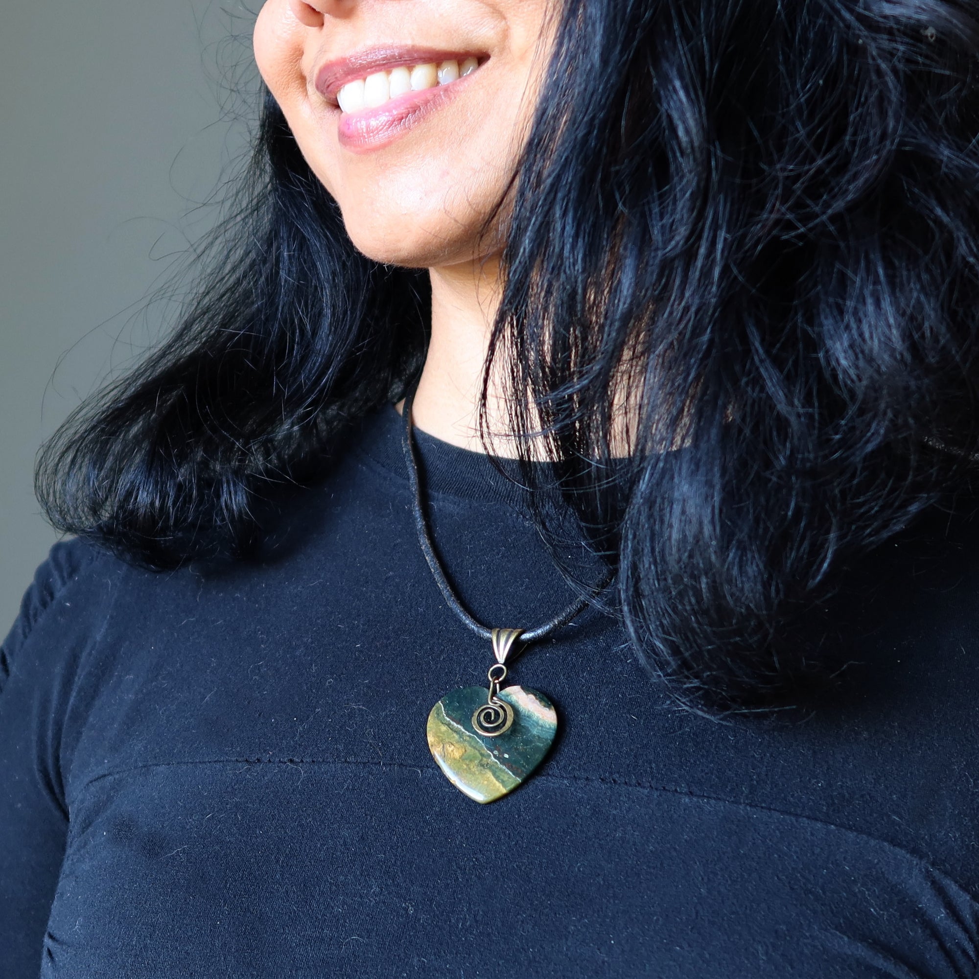 Ocean Jasper Necklace Heart My Love is Deep Gem on Leather
