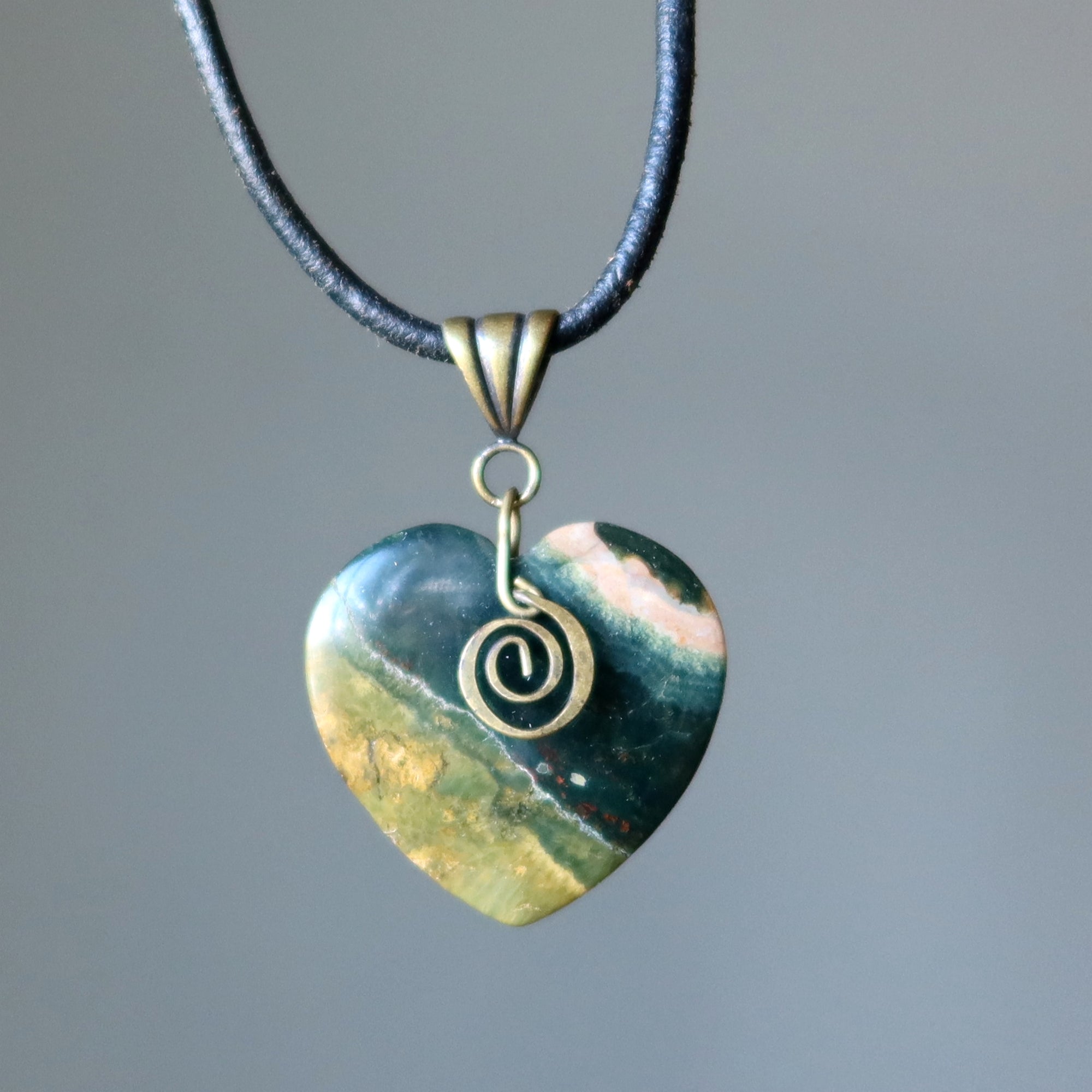 Ocean Jasper Necklace Heart My Love is Deep Gem on Leather