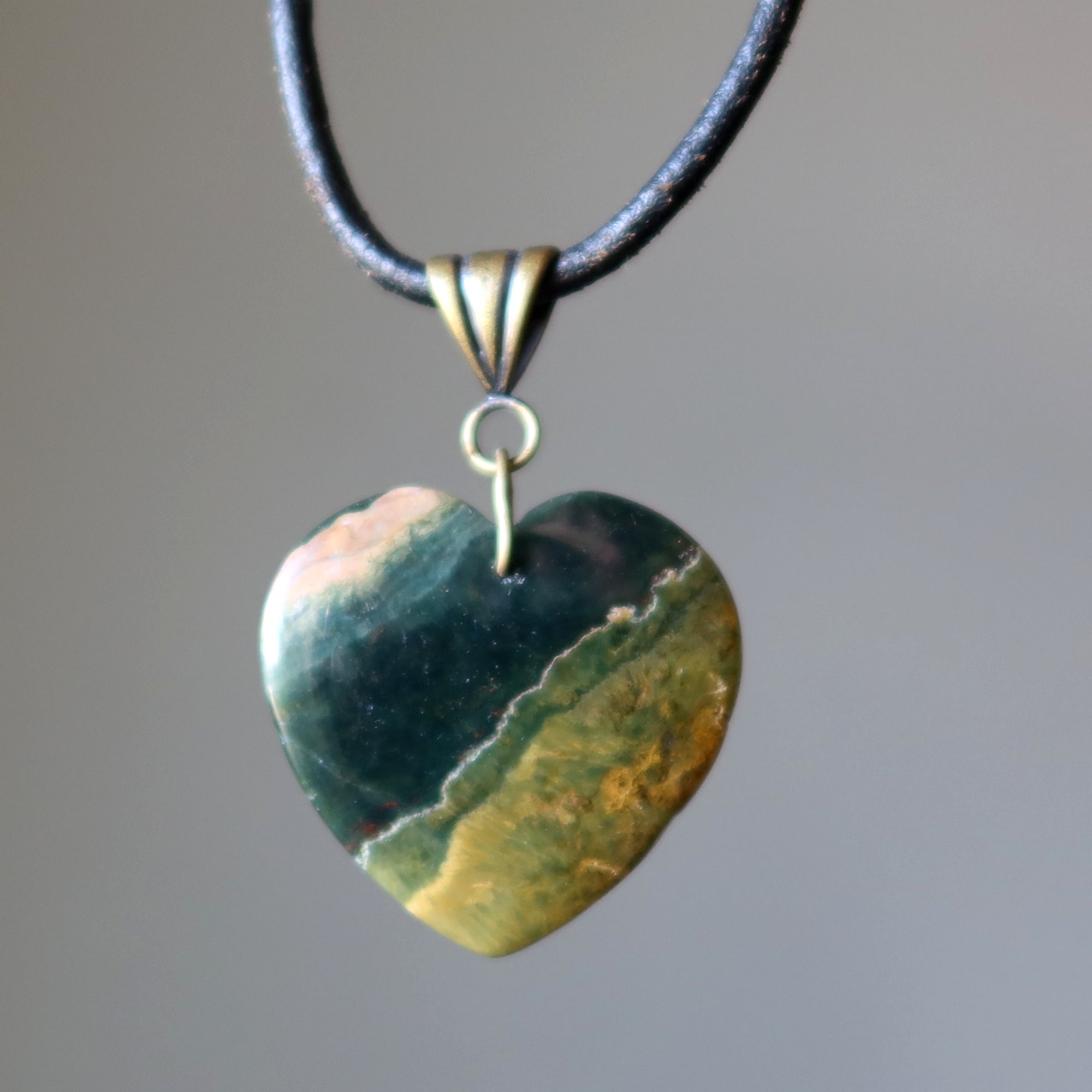 Ocean Jasper Necklace Heart My Love is Deep Gem on Leather