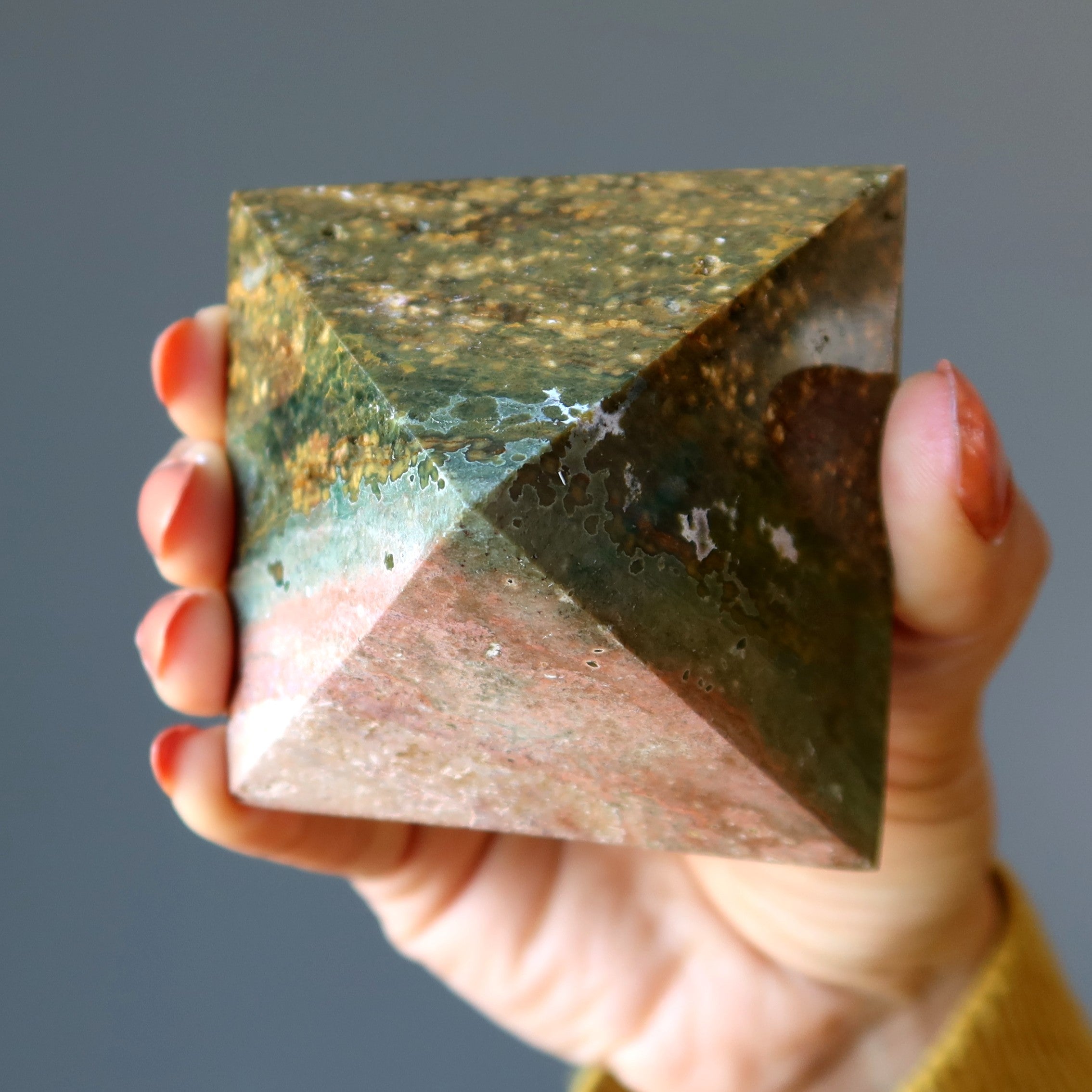 Ocean Jasper Pyramid Sacred Golden Green Stone