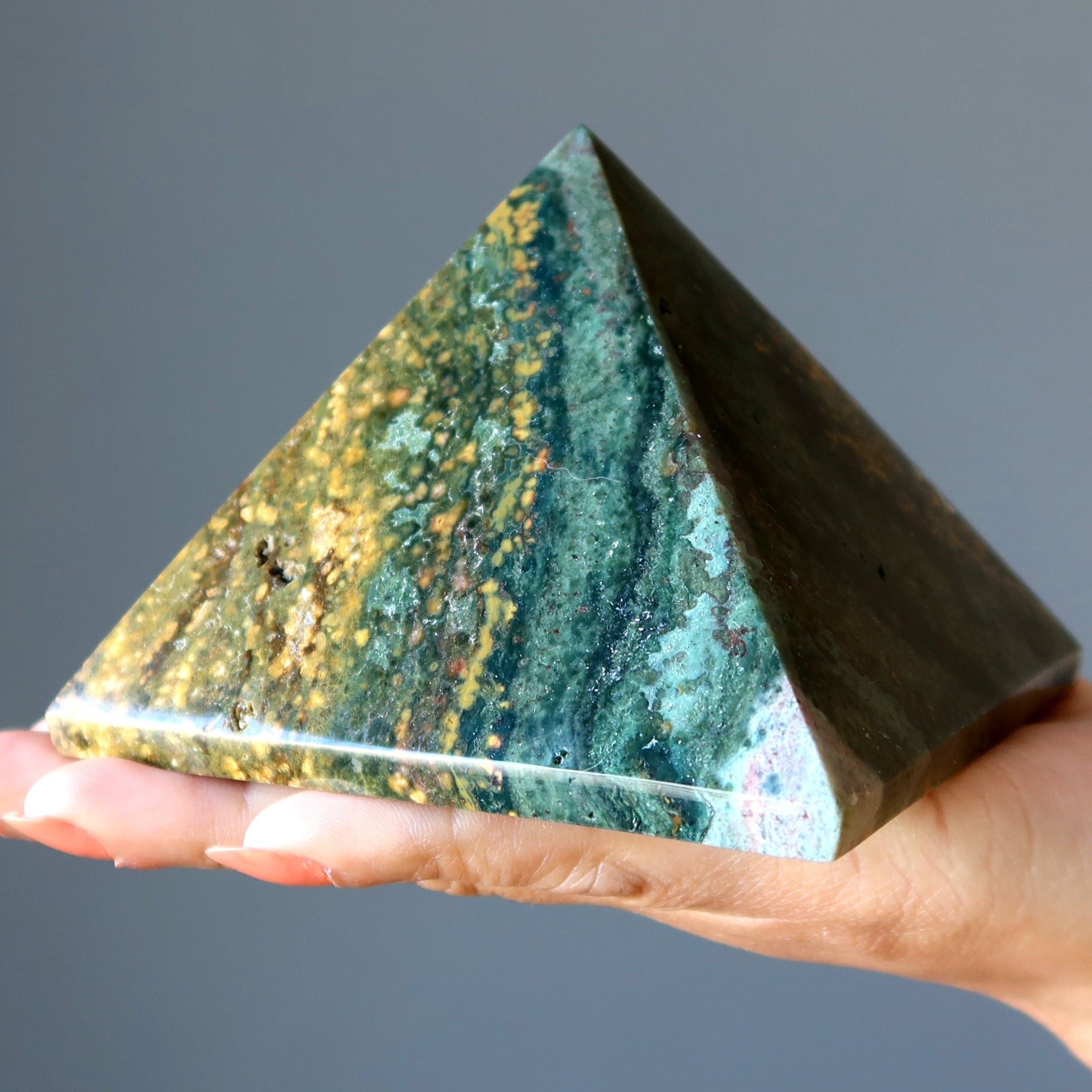 Ocean Jasper Pyramid Sacred Golden Green Stone