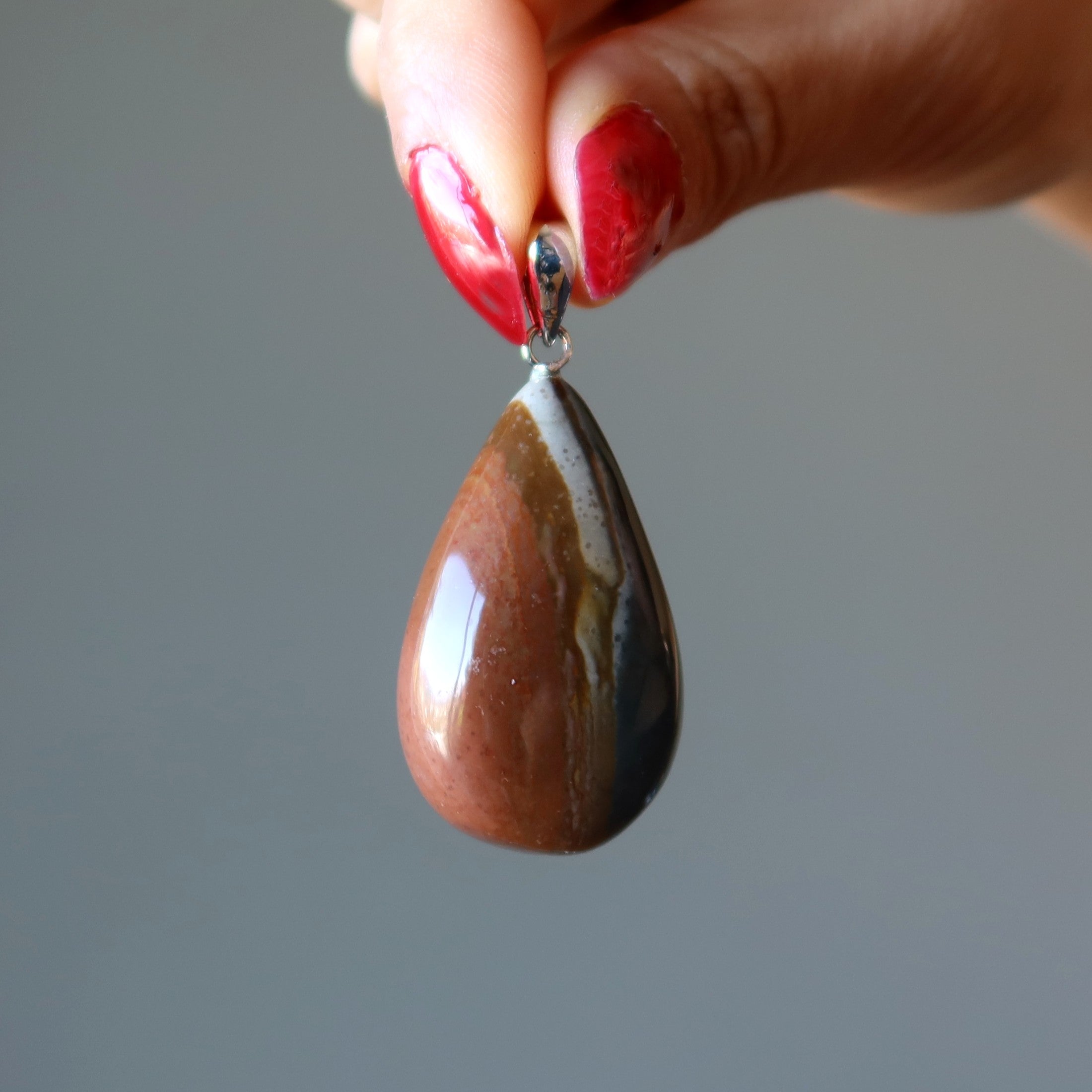 Pendentif Jaspe Polychrome Rouge Gris Ancrage Goutte