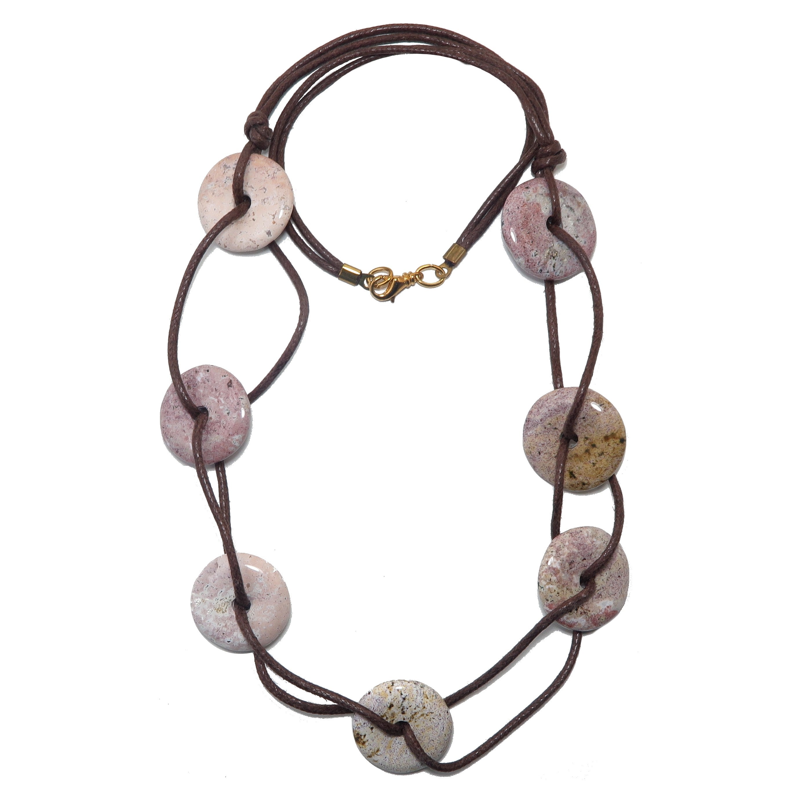 Pink Jasper Necklace Jingle of Joy Donut Stones on Brown Cords